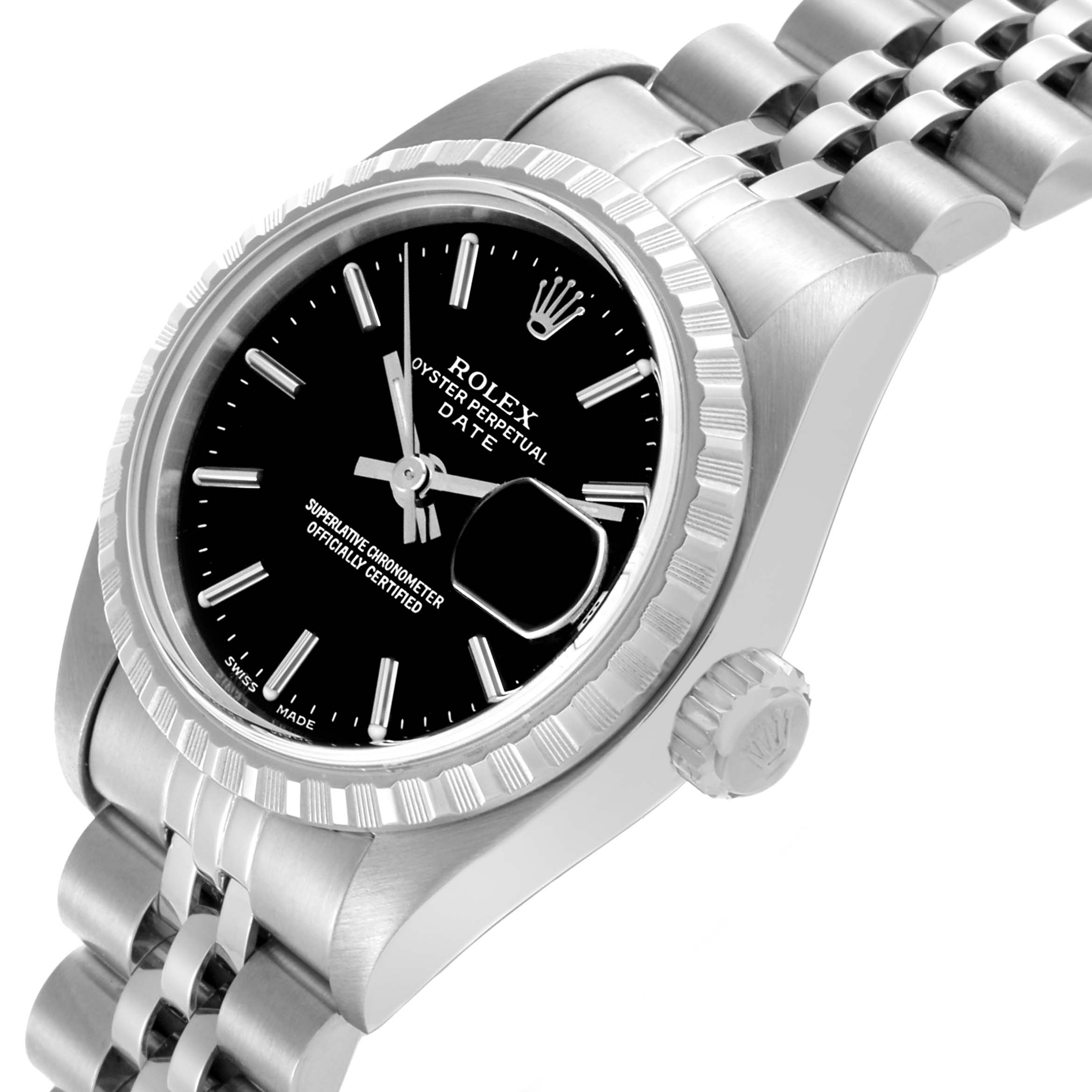 The Rolex Date 79240 Women's Stainless Steel Black Dial 79240 Women's Stainless Steel Black Dial watch is shown at an angled view, highlighting the face, bezel, crown, and part of the bracelet.