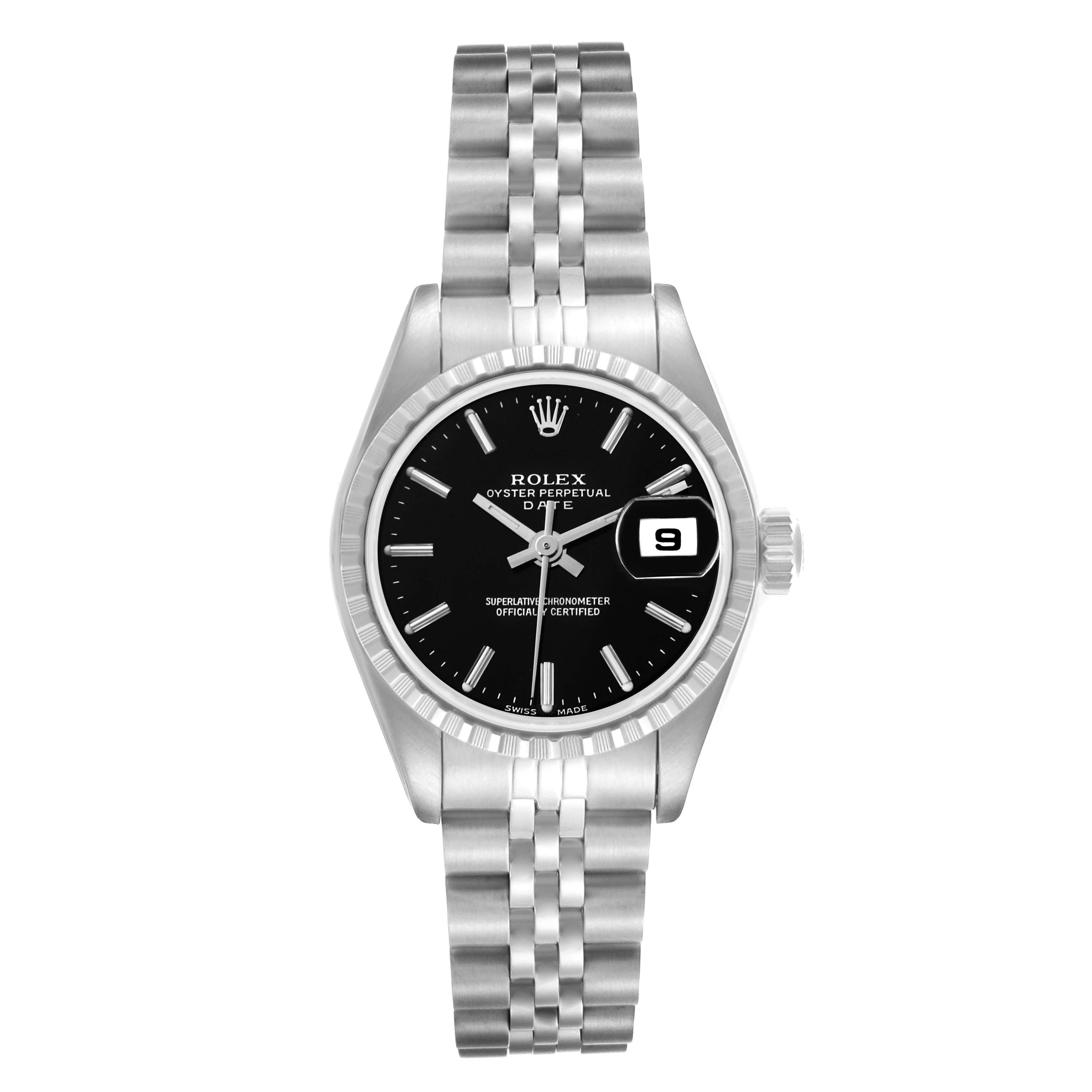The Rolex Date 79240 Women's Stainless Steel Black Dial 79240 Women's Stainless Steel Black Dial watch is shown from a top-down angle, displaying the bezel, dial, bracelet, and crown.
