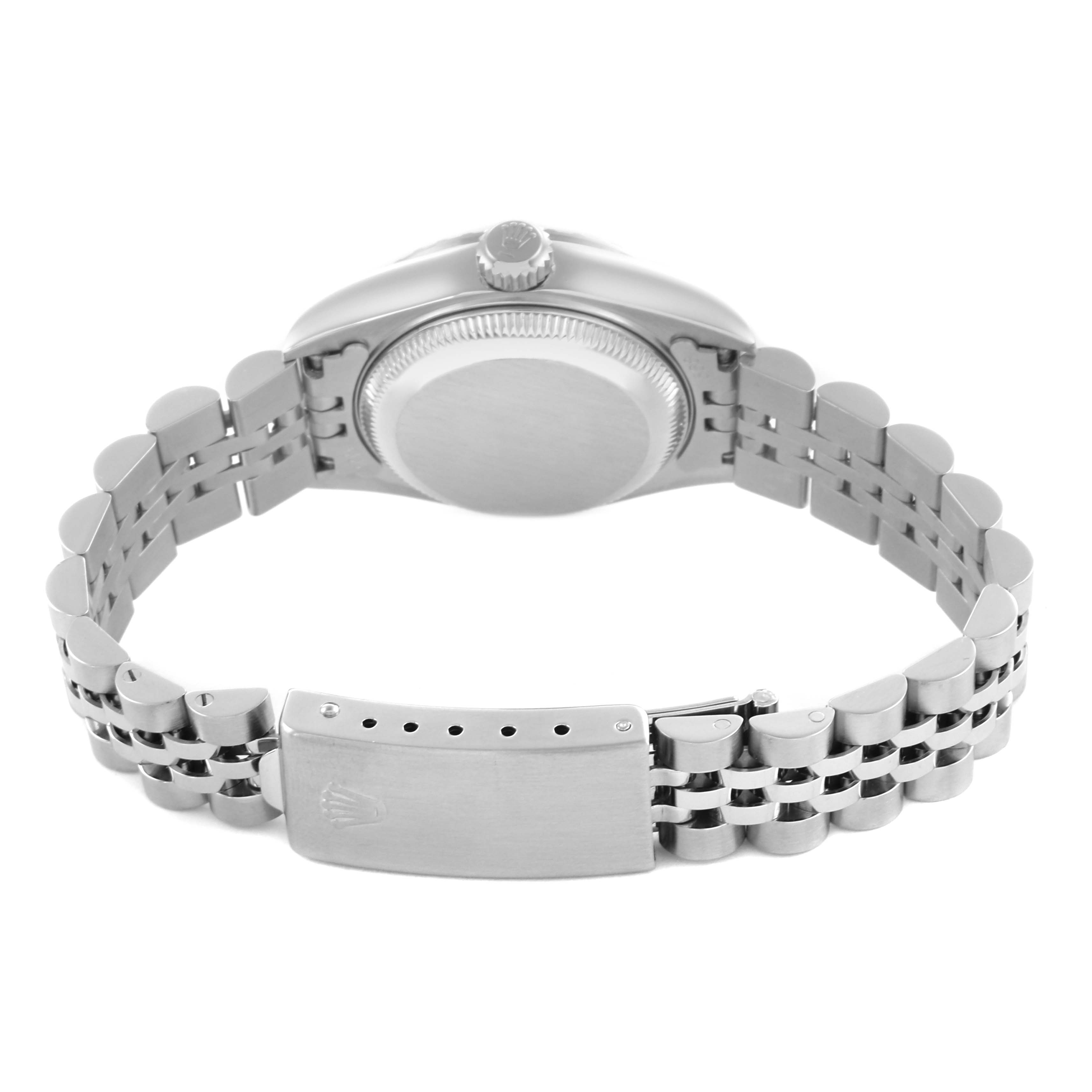 The image shows the Rolex Date 79240 Women's Stainless Steel Black Dial 79240 Women's Stainless Steel Black Dial model from the back, highlighting the clasp, bracelet, and case back.