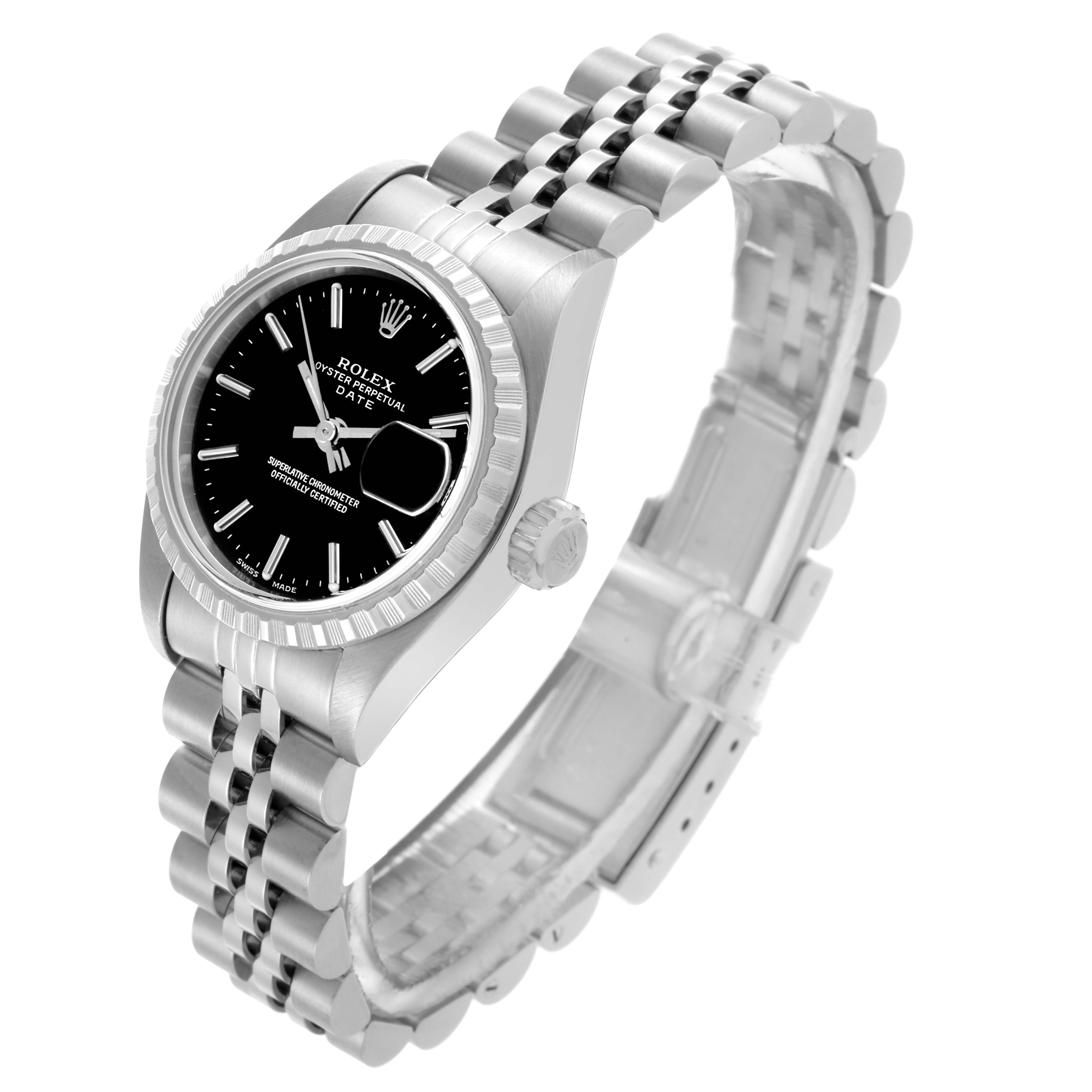 The Rolex Date 79240 Women's Stainless Steel Black Dial 79240 Women's Stainless Steel Black Dial watch is shown at a three-quarter angle highlighting the face, bezel, crown, and bracelet.