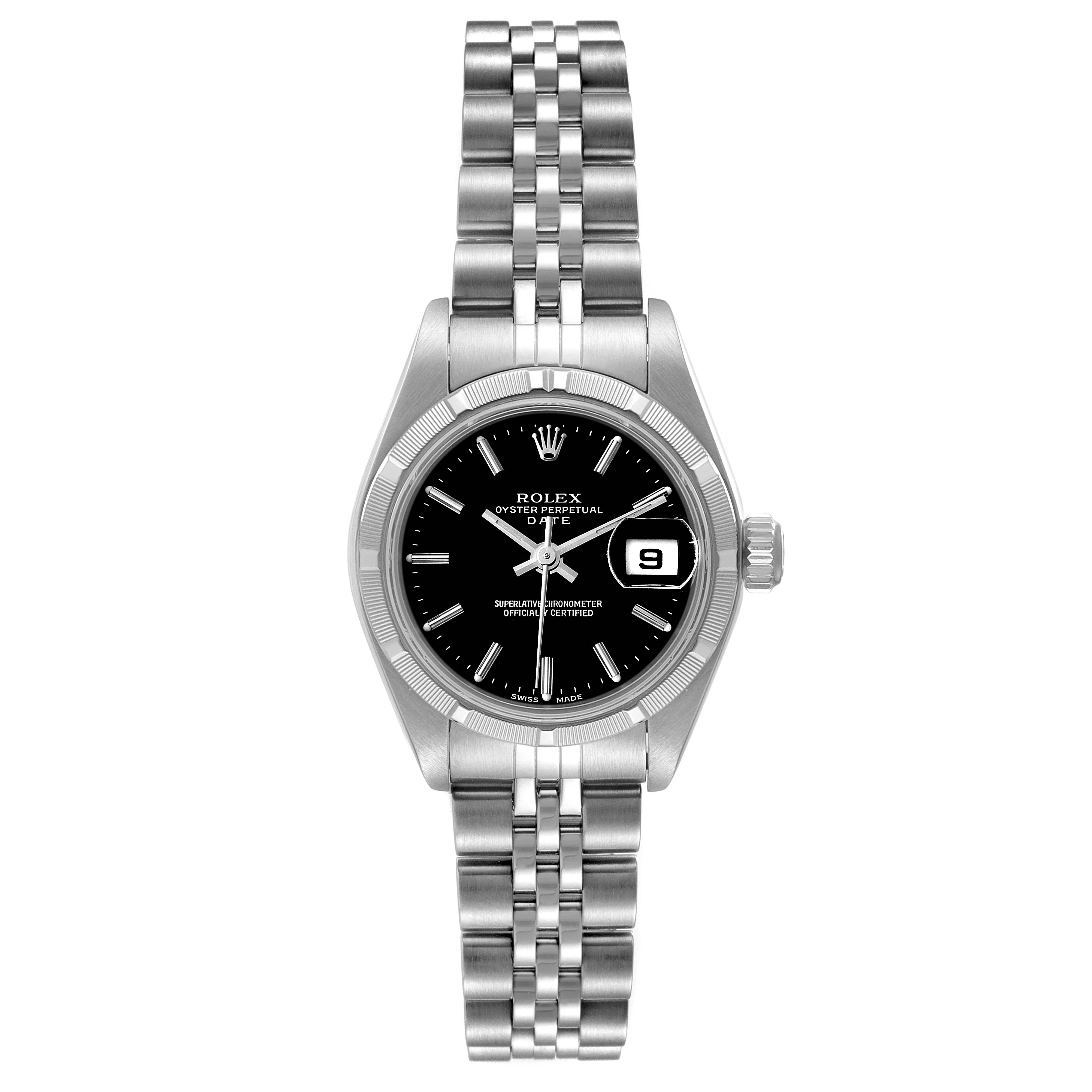 This image shows a frontal view of a Rolex Date 79190 Women's Stainless Steel Black Dial 79190 Women's Stainless Steel Black Dial model watch, featuring a black dial, date window, bezel, and Jubilee bracelet.