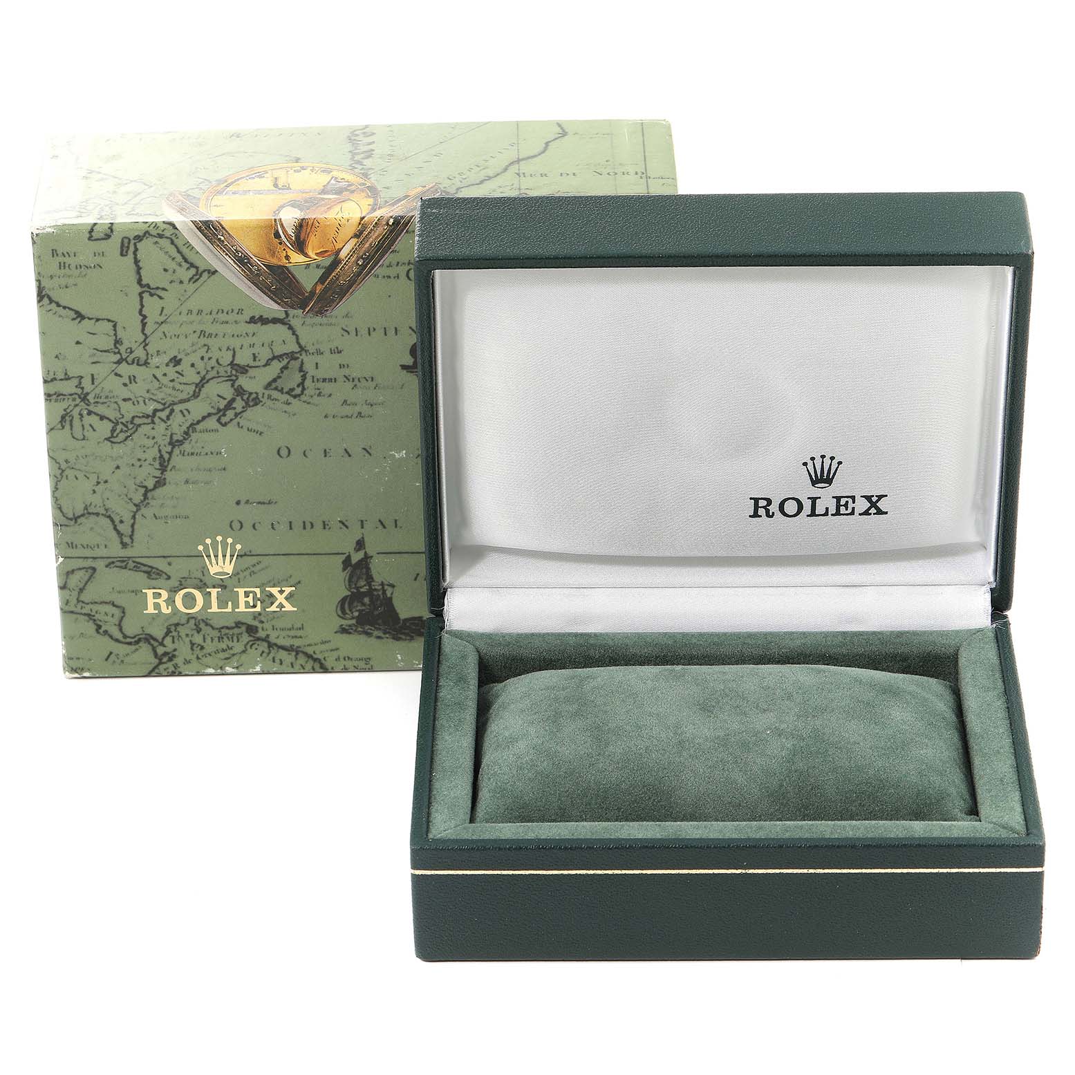 The image shows the packaging for the Rolex Date 79190 Women's Stainless Steel Black Dial 79190 Women's Stainless Steel Black Dial model watch, including the watch box and outer box with a map design.