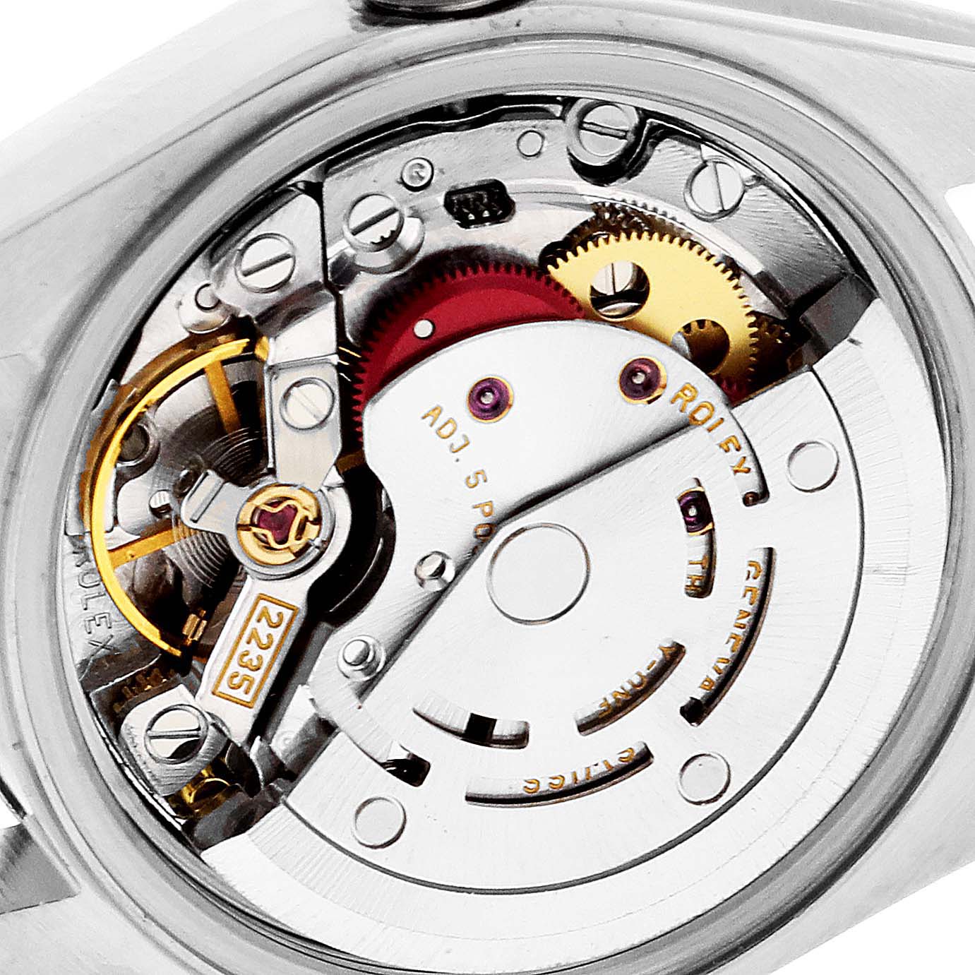 This image shows the internal mechanism of a Rolex Date 79190 Women's Stainless Steel Black Dial 79190 Women's Stainless Steel Black Dial watch model, including gears and the rotor.