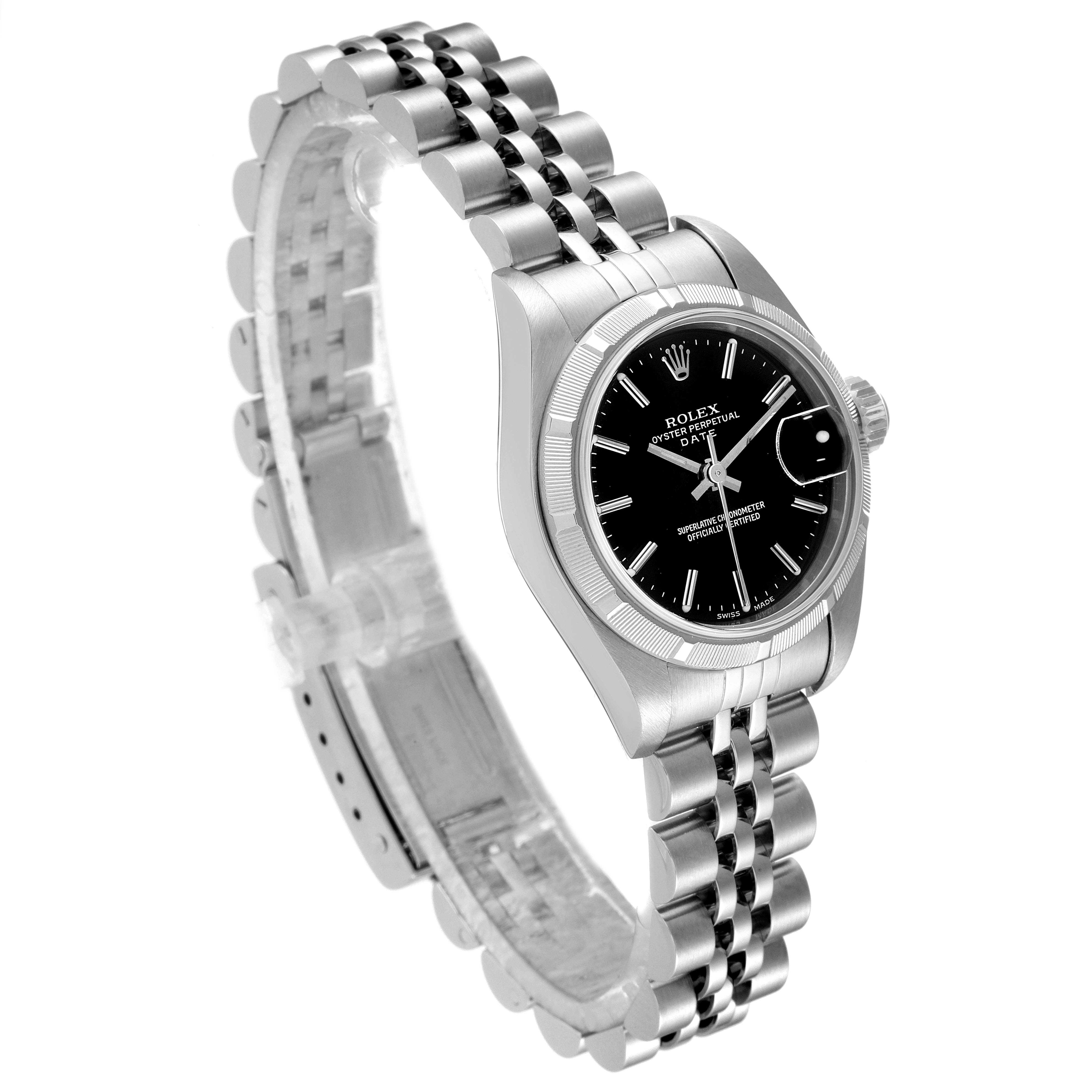 This image shows a Rolex Date 79190 Women's Stainless Steel Black Dial 79190 Women's Stainless Steel Black Dial model watch from a three-quarter angle, displaying the face, bezel, and jubilee bracelet.