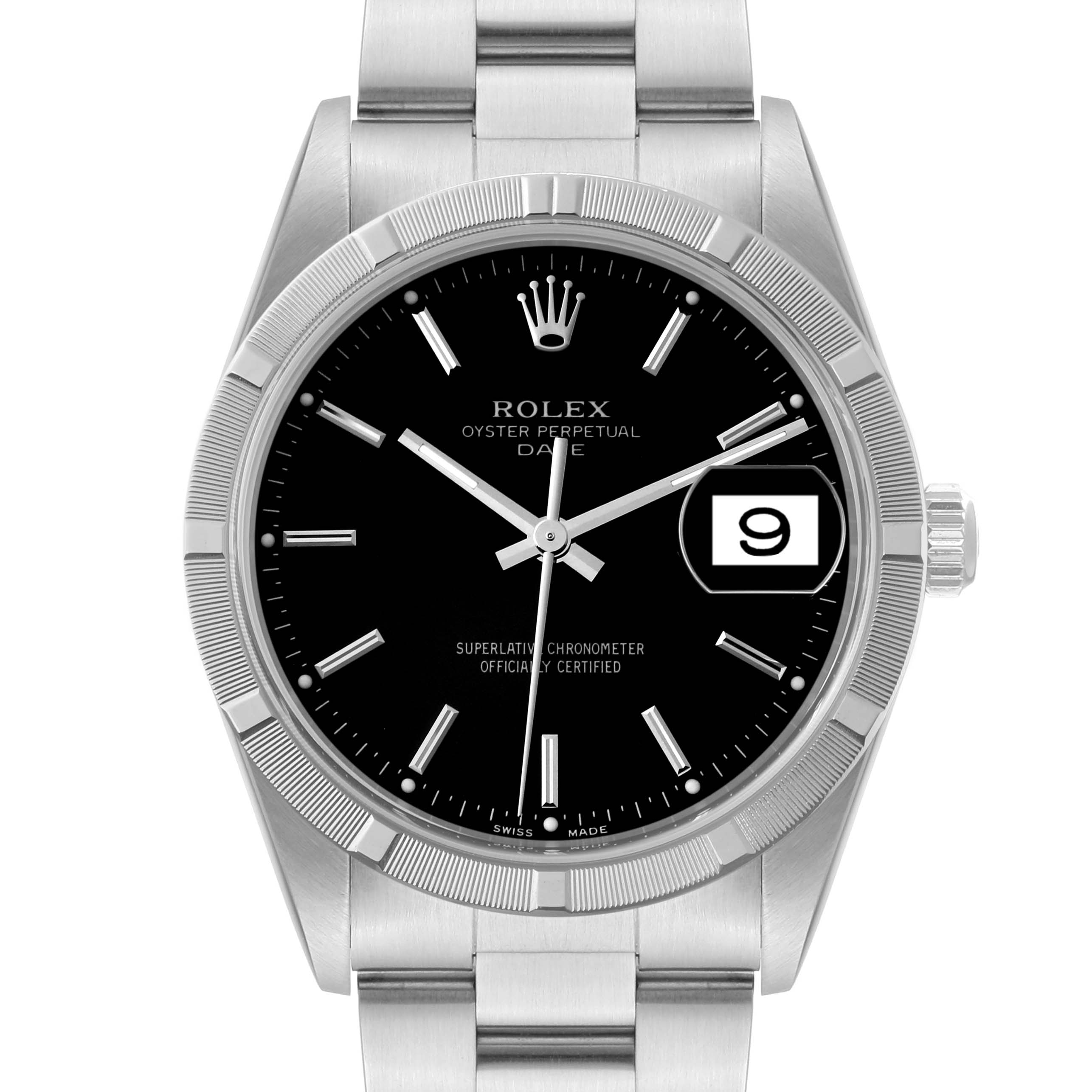 The image shows a front view of a Rolex Date 15210 Men's Stainless Steel Black Dial 15210 Men's Stainless Steel Black Dial model watch, highlighting its black dial, date window, and part of the stainless steel bracelet.