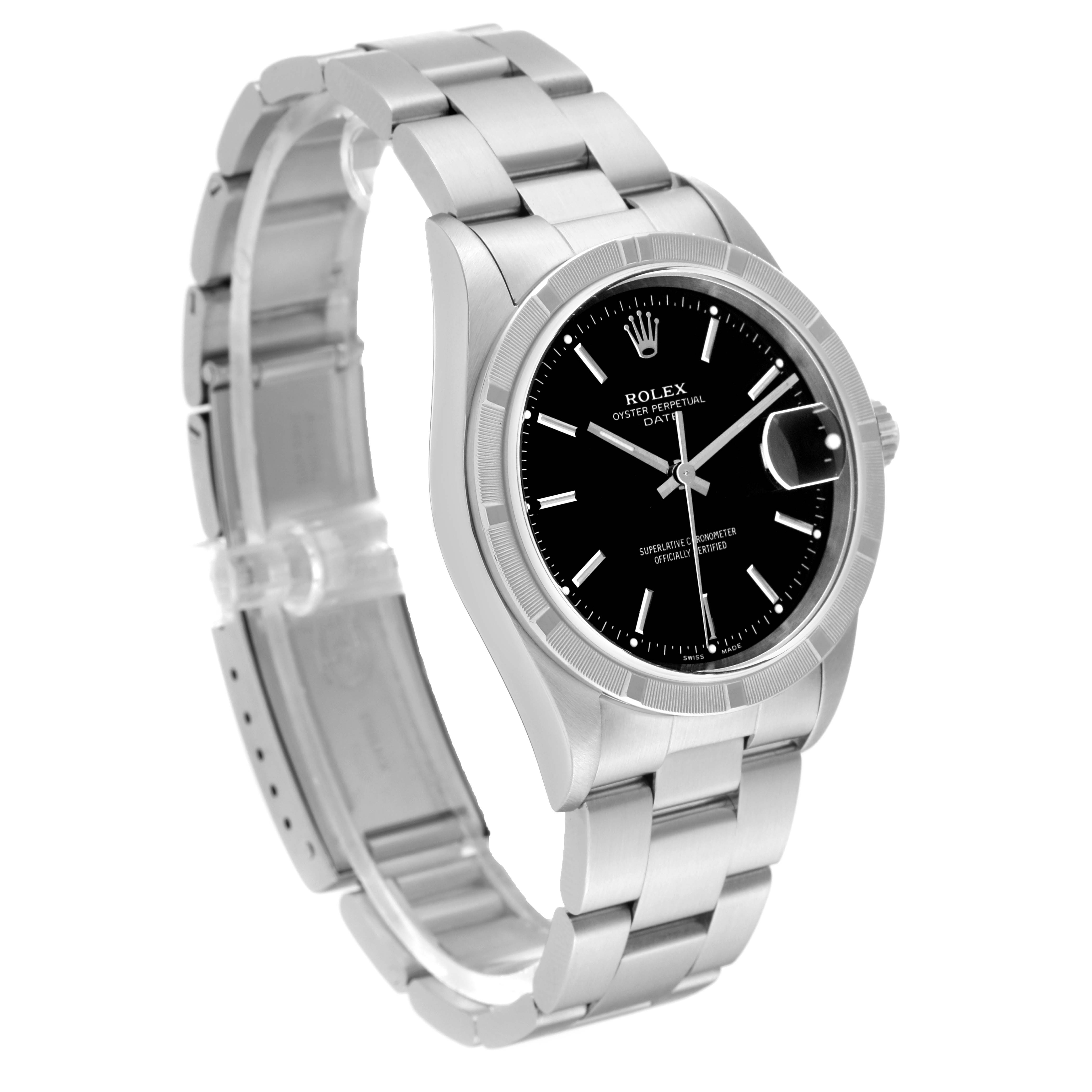 The image shows a Rolex Date 15210 Men's Stainless Steel Black Dial 15210 Men's Stainless Steel Black Dial model watch at a slight angle, displaying the dial, bezel, and metal bracelet.