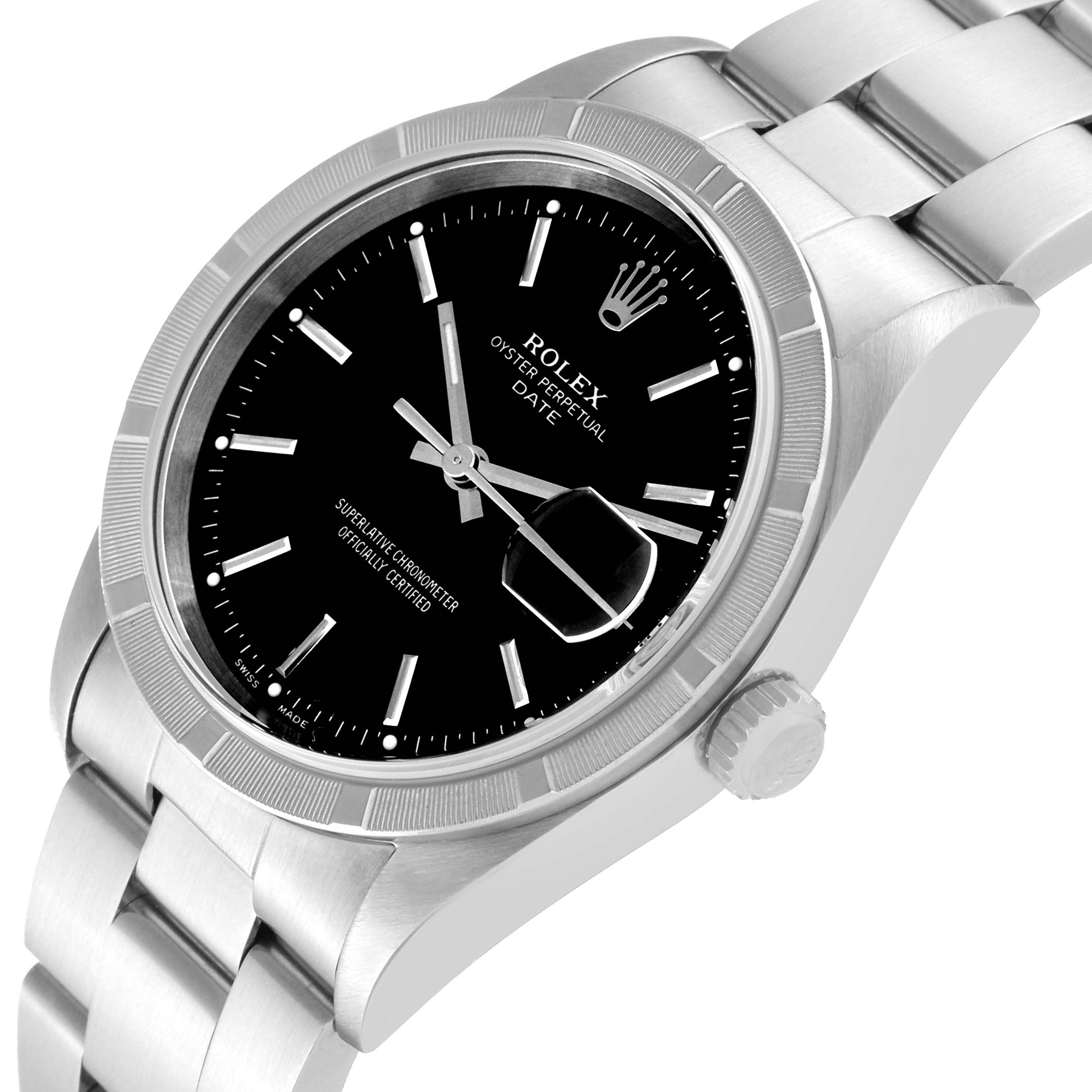 The image shows a close-up angle of the Rolex Date 15210 Men's Stainless Steel Black Dial 15210 Men's Stainless Steel Black Dial model watch, highlighting the black dial, date window, and part of the bracelet.