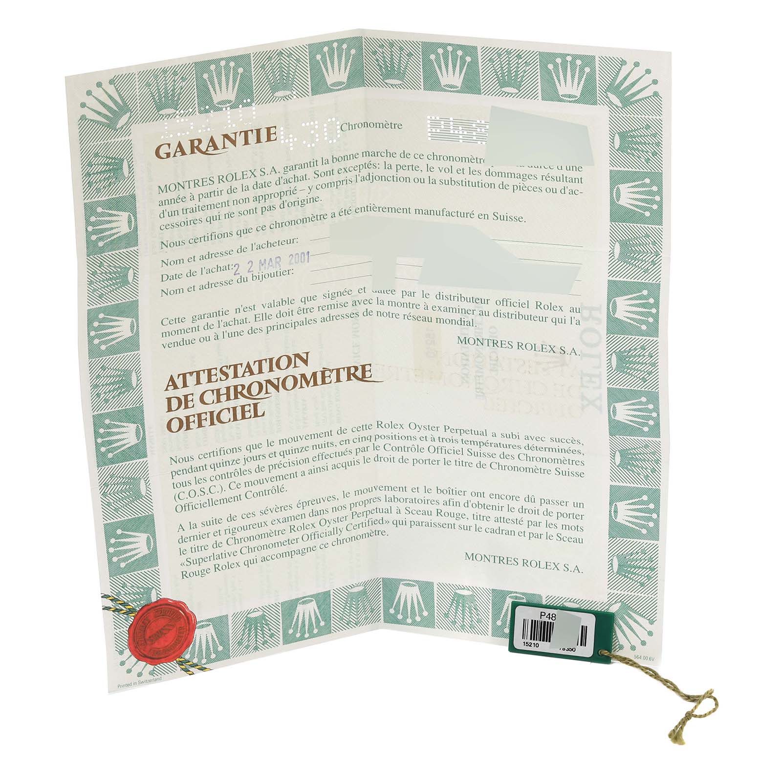 This image shows the warranty and certificate of authenticity for a Rolex Date 15210 Men's Stainless Steel Black Dial 15210 Men's Stainless Steel Black Dial model watch.