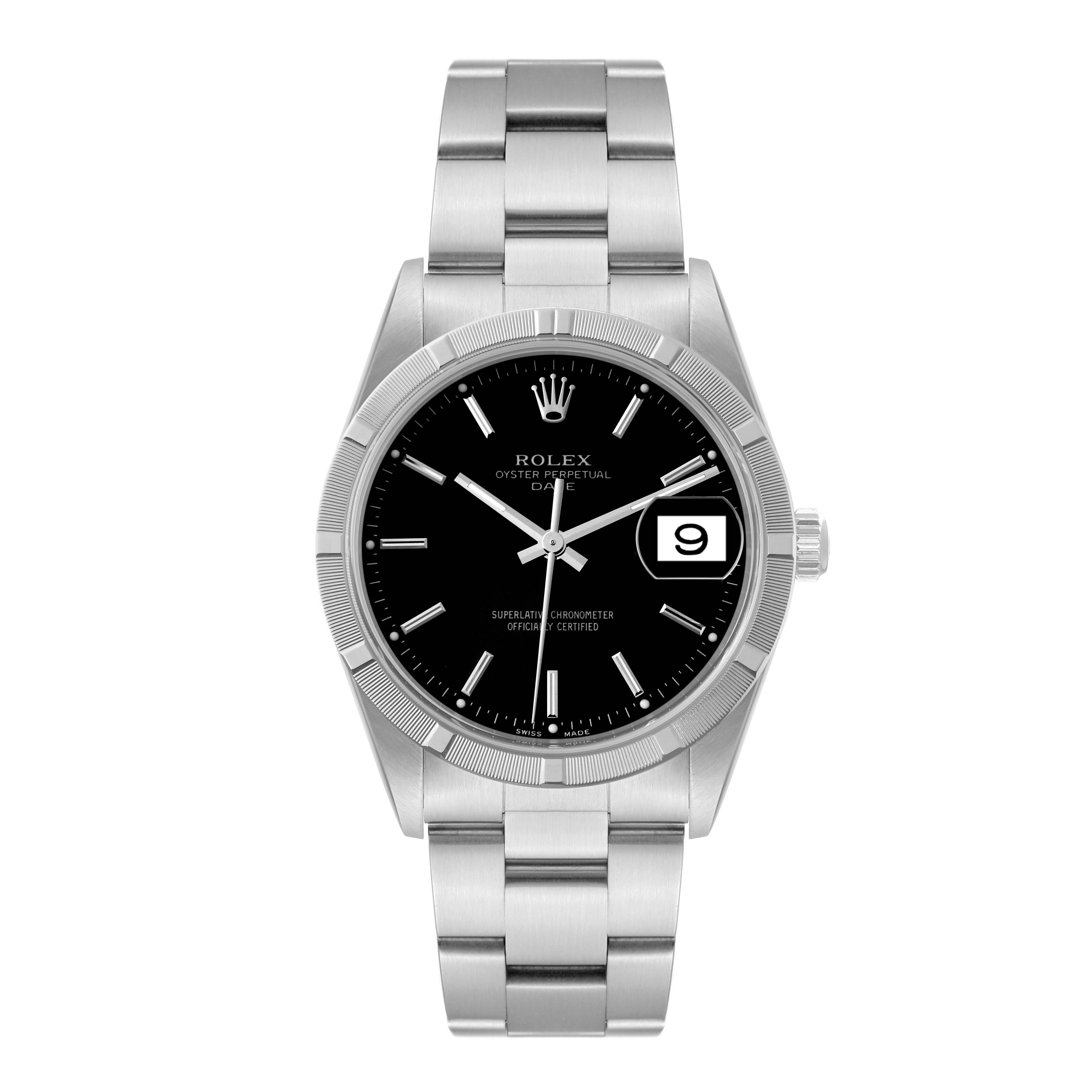 The image shows a front view of a Rolex Date 15210 Men's Stainless Steel Black Dial 15210 Men's Stainless Steel Black Dial model watch, displaying the dial, bezel, strap, and date window.