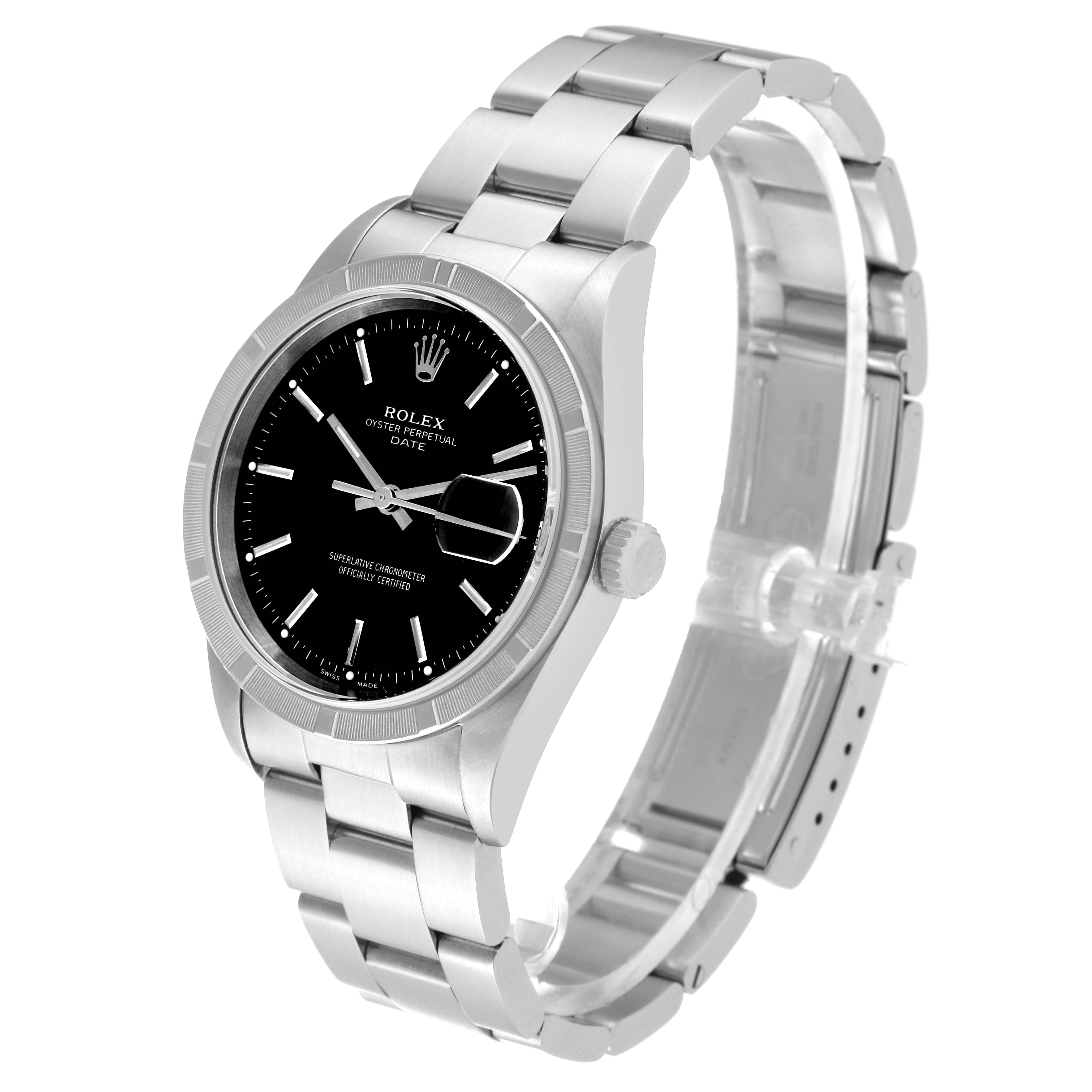 The Rolex Date 15210 Men's Stainless Steel Black Dial 15210 Men's Stainless Steel Black Dial model watch is shown at a three-quarter angle, displaying its face, bezel, crown, and bracelet.