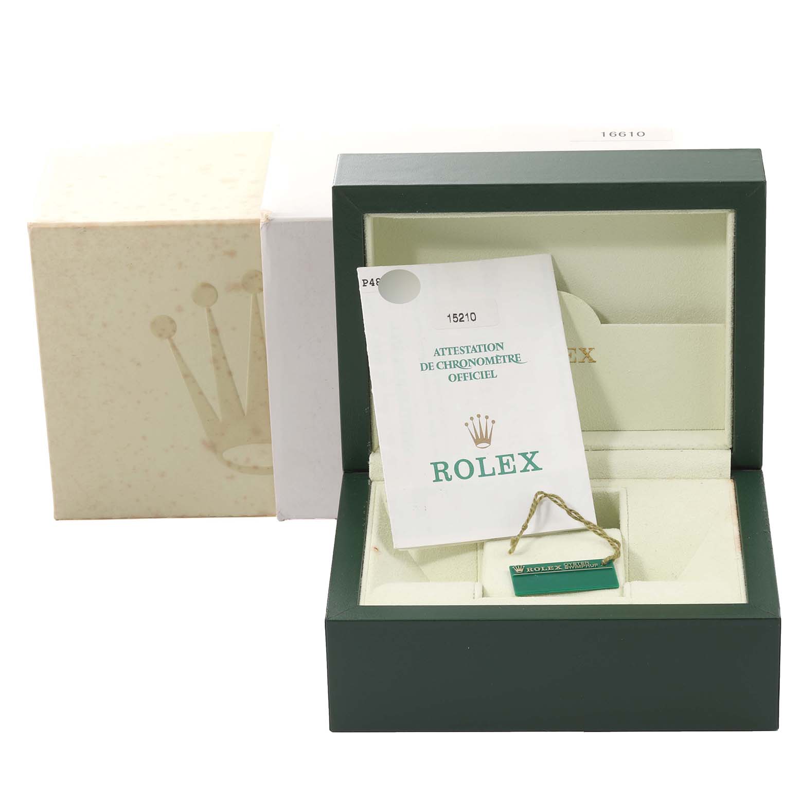 The image shows the open box of the Date model by Rolex, including a warranty card and tag.