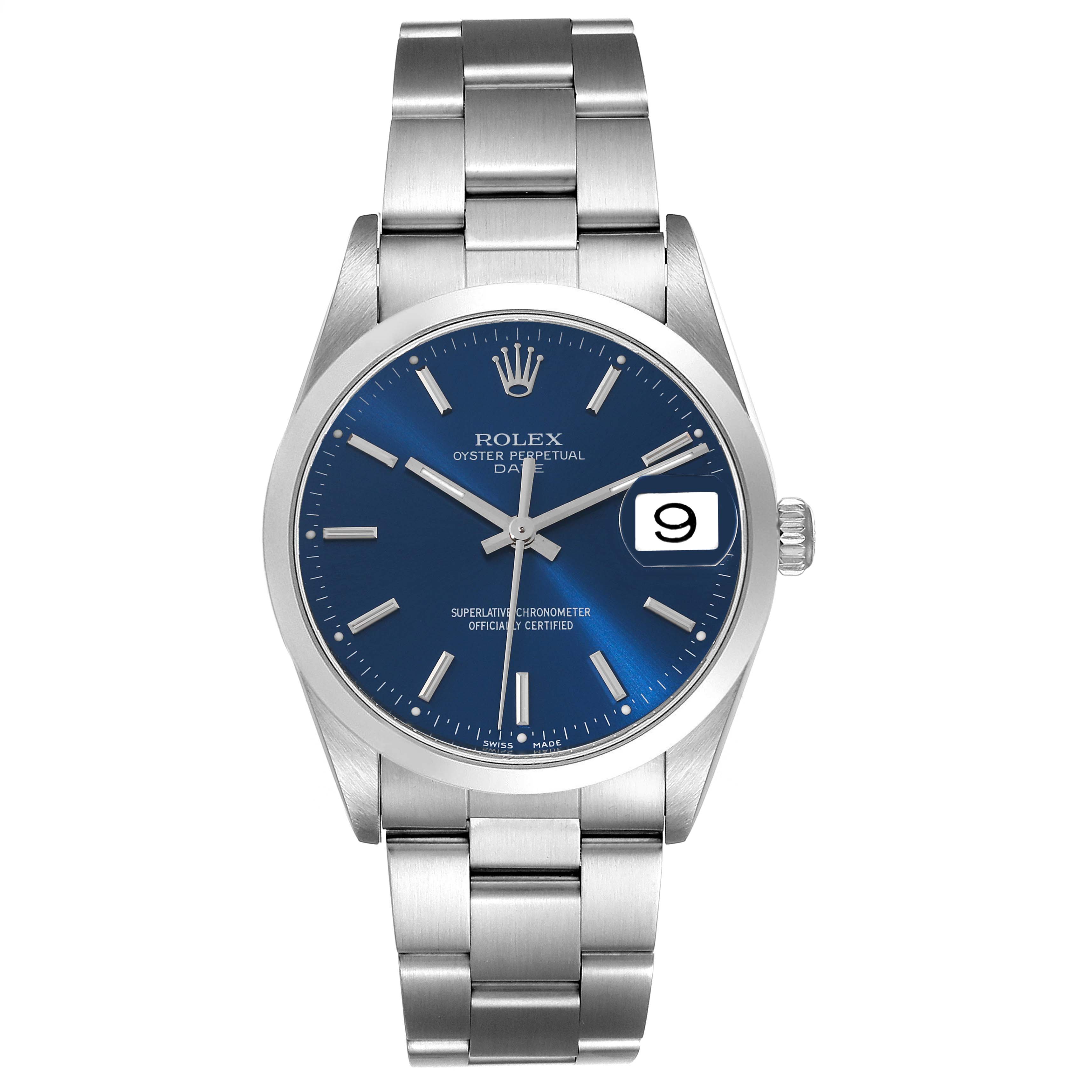 This image shows a front view of a Rolex Date 15200 Men's Stainless Steel Blue Dial 15200 Men's Stainless Steel Blue Dial model watch, displaying the dial and bracelet.