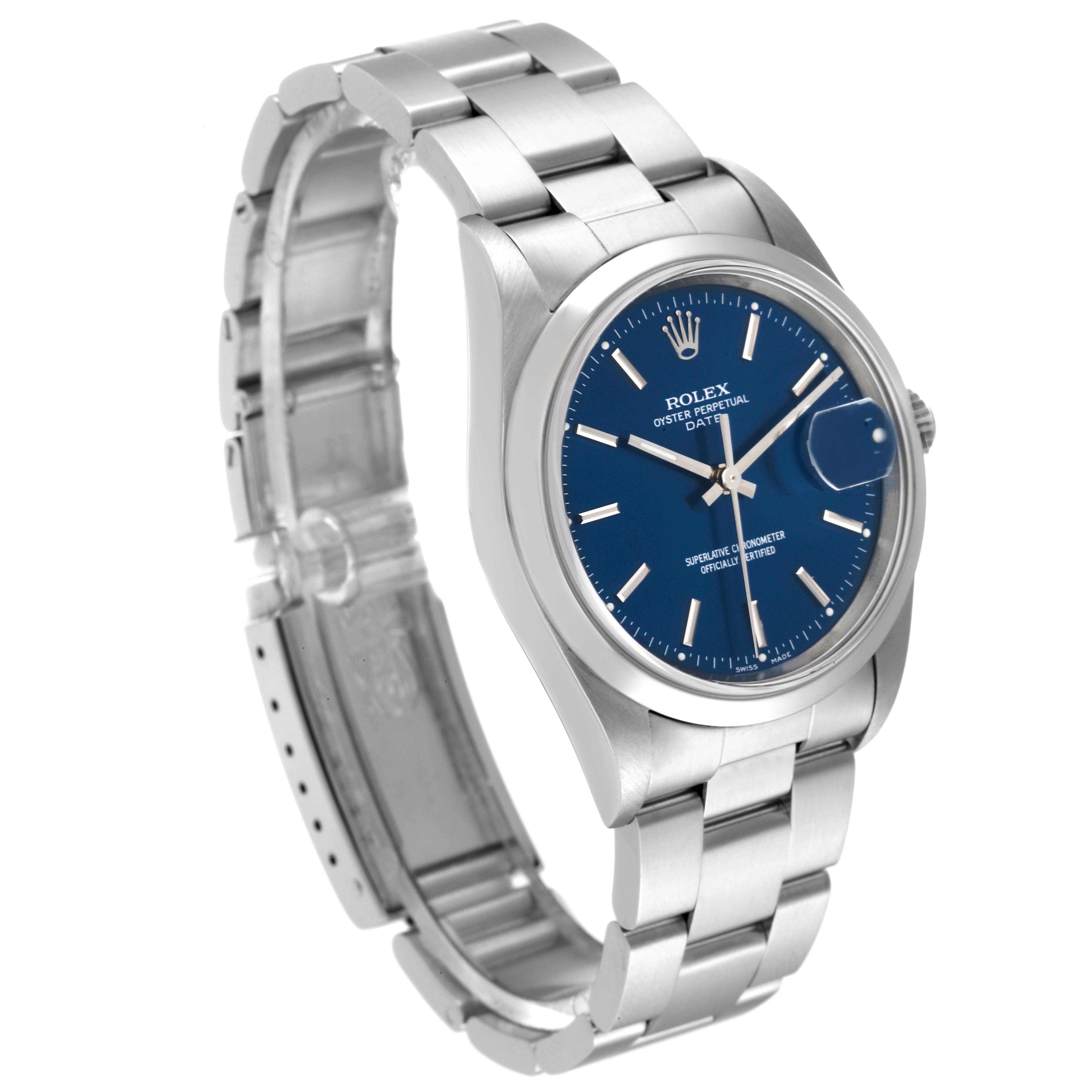 The image shows a Rolex Date 15200 Men's Stainless Steel Blue Dial 15200 Men's Stainless Steel Blue Dial model watch at a slight angle, highlighting the face, crown, bezel, and metal bracelet.