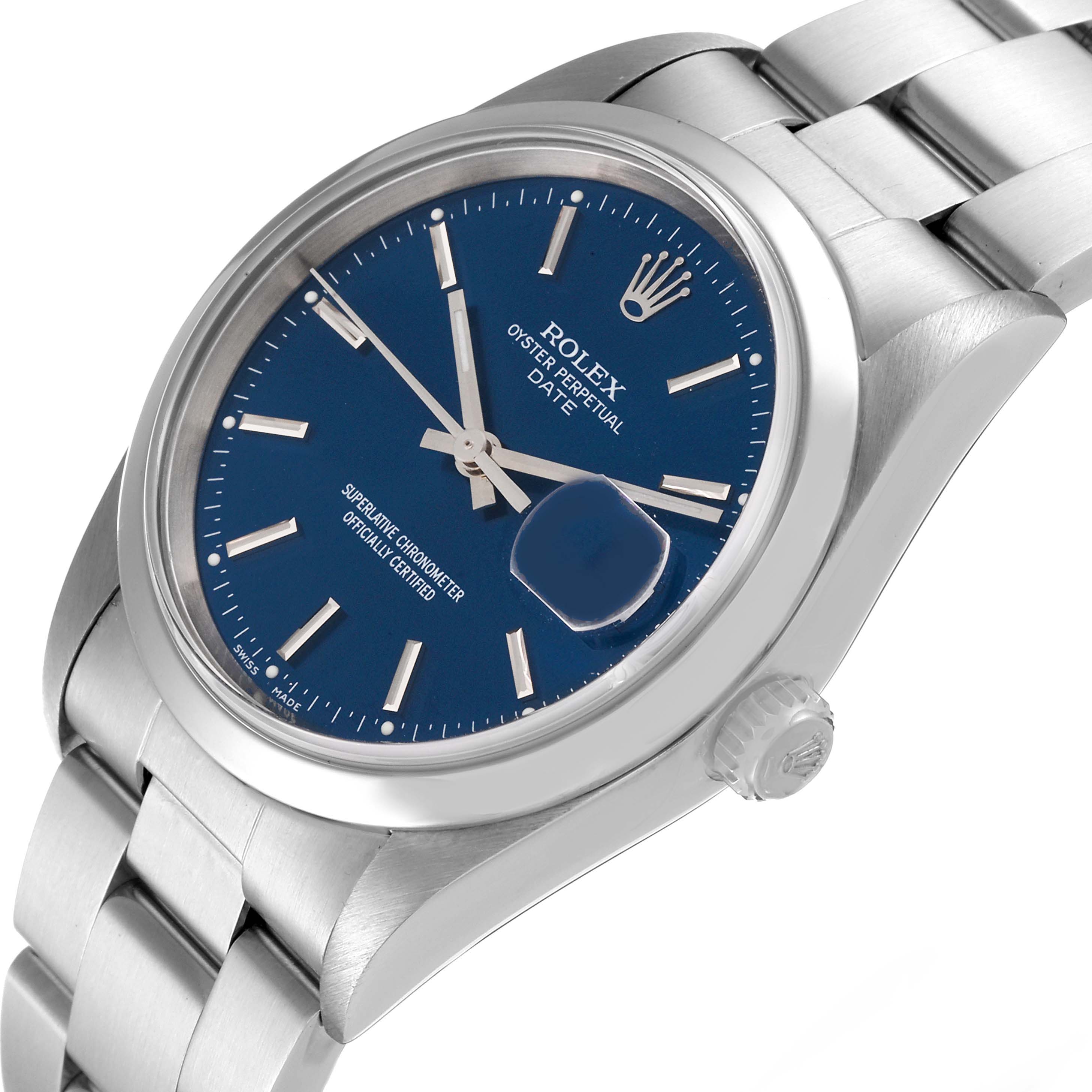 This image shows a close-up of the Rolex Date 15200 Men's Stainless Steel Blue Dial 15200 Men's Stainless Steel Blue Dial watch, featuring its blue dial, crown, and part of the metal bracelet from an oblique angle.