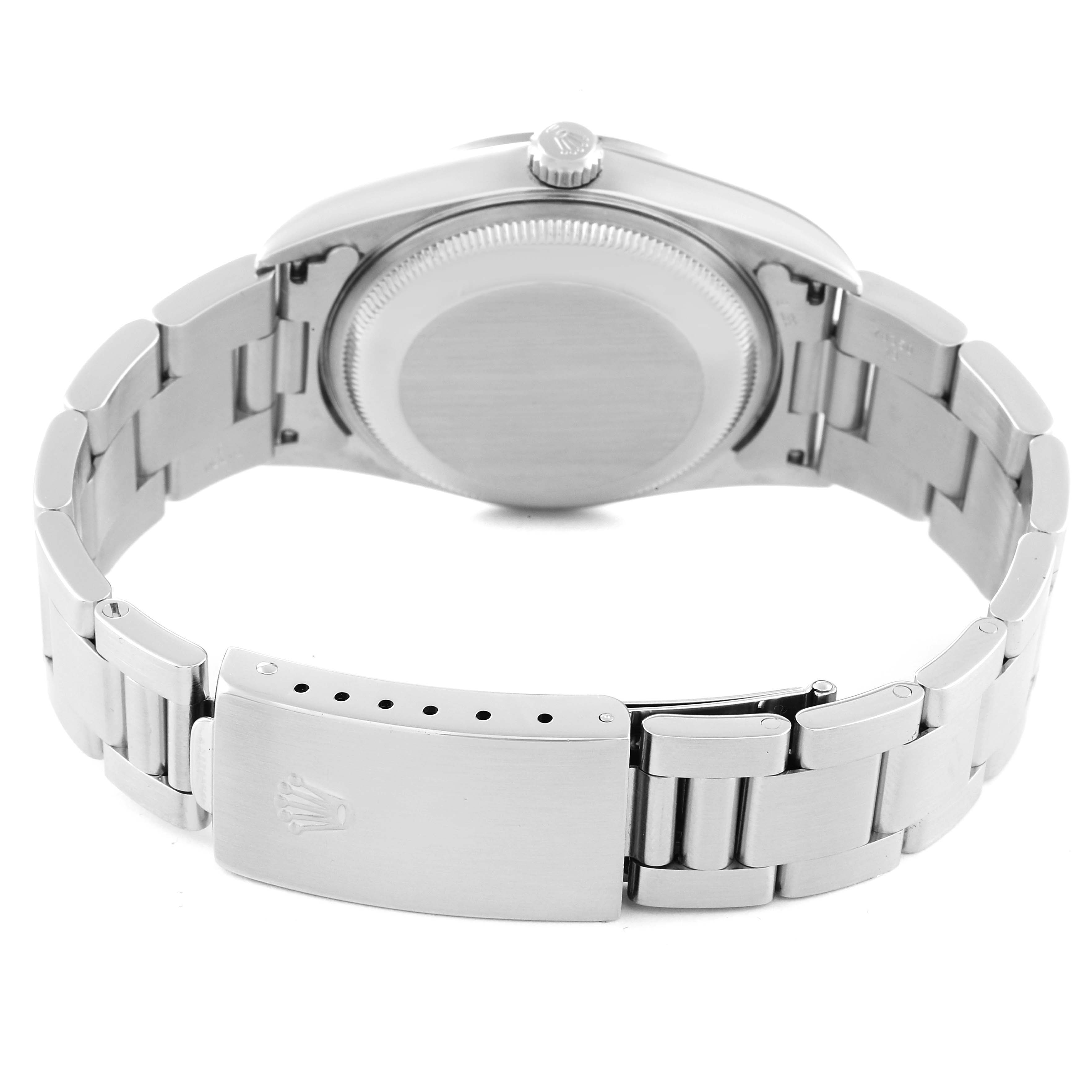 The image shows the back view of a Rolex Date 15200 Men's Stainless Steel Blue Dial 15200 Men's Stainless Steel Blue Dial model watch, highlighting the case back, crown, and metal bracelet with clasp.