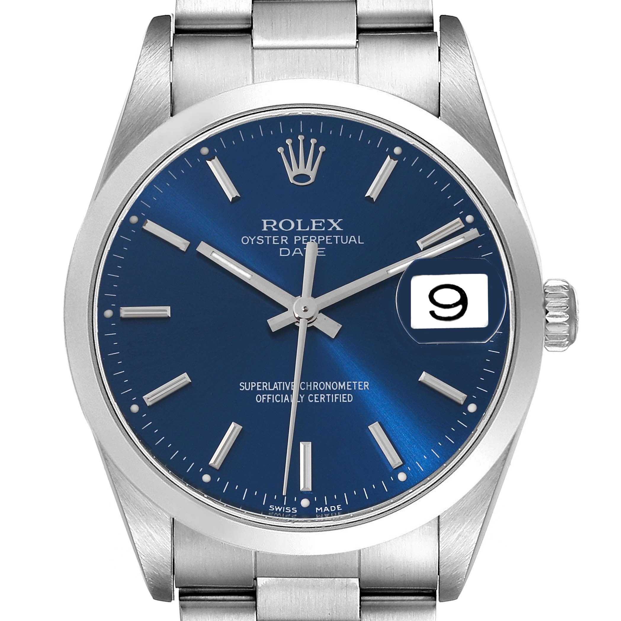 The image shows a front view of the Rolex Date 15200 Men's Stainless Steel Blue Dial 15200 Men's Stainless Steel Blue Dial model watch, displaying the dial, bezel, bracelet, crown, and date window.