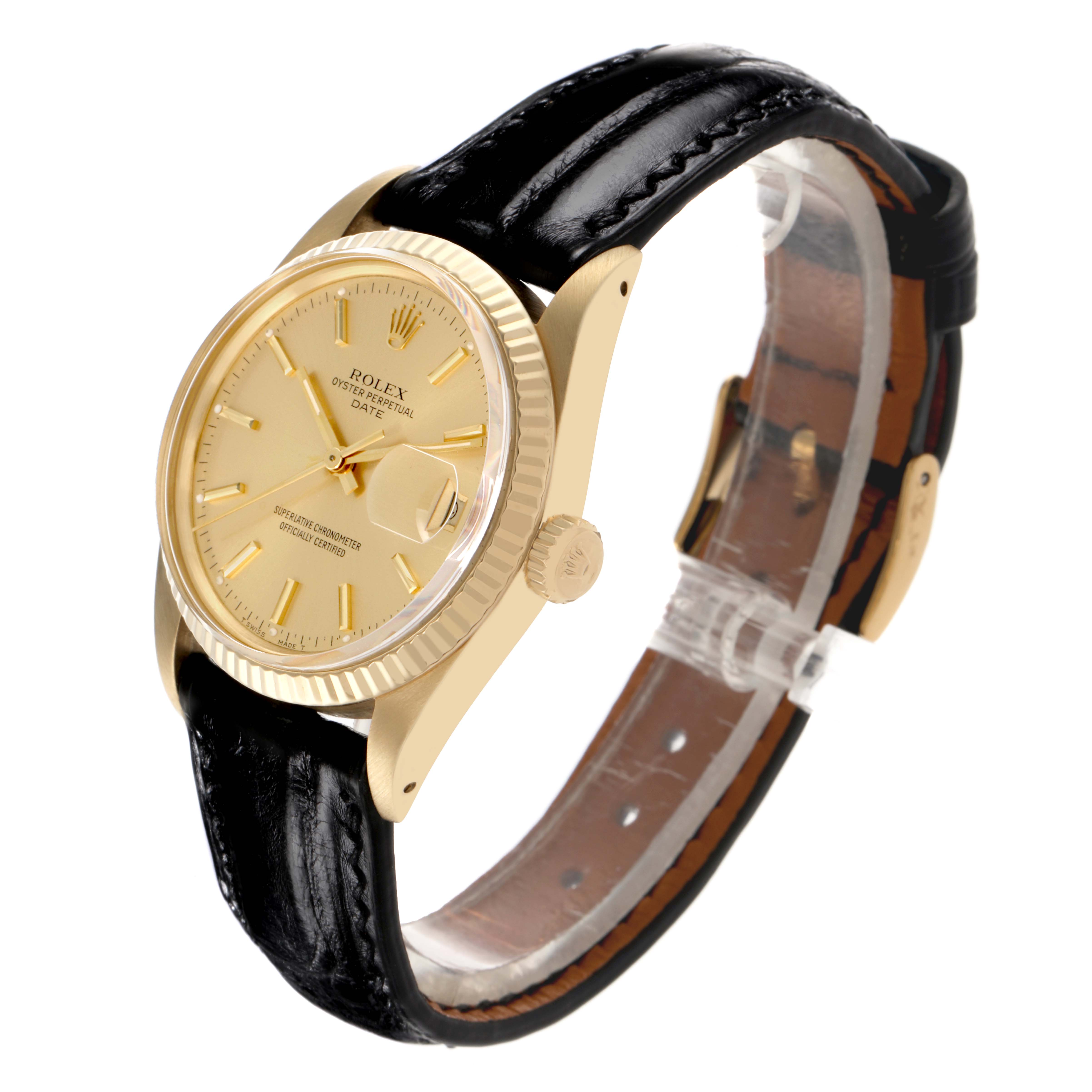 The Rolex Date 15037 Men's Yellow Gold Champagne Dial 15037 Men's Yellow Gold Champagne Dial watch is shown from a side angle, highlighting its gold case, dial, and black leather strap.