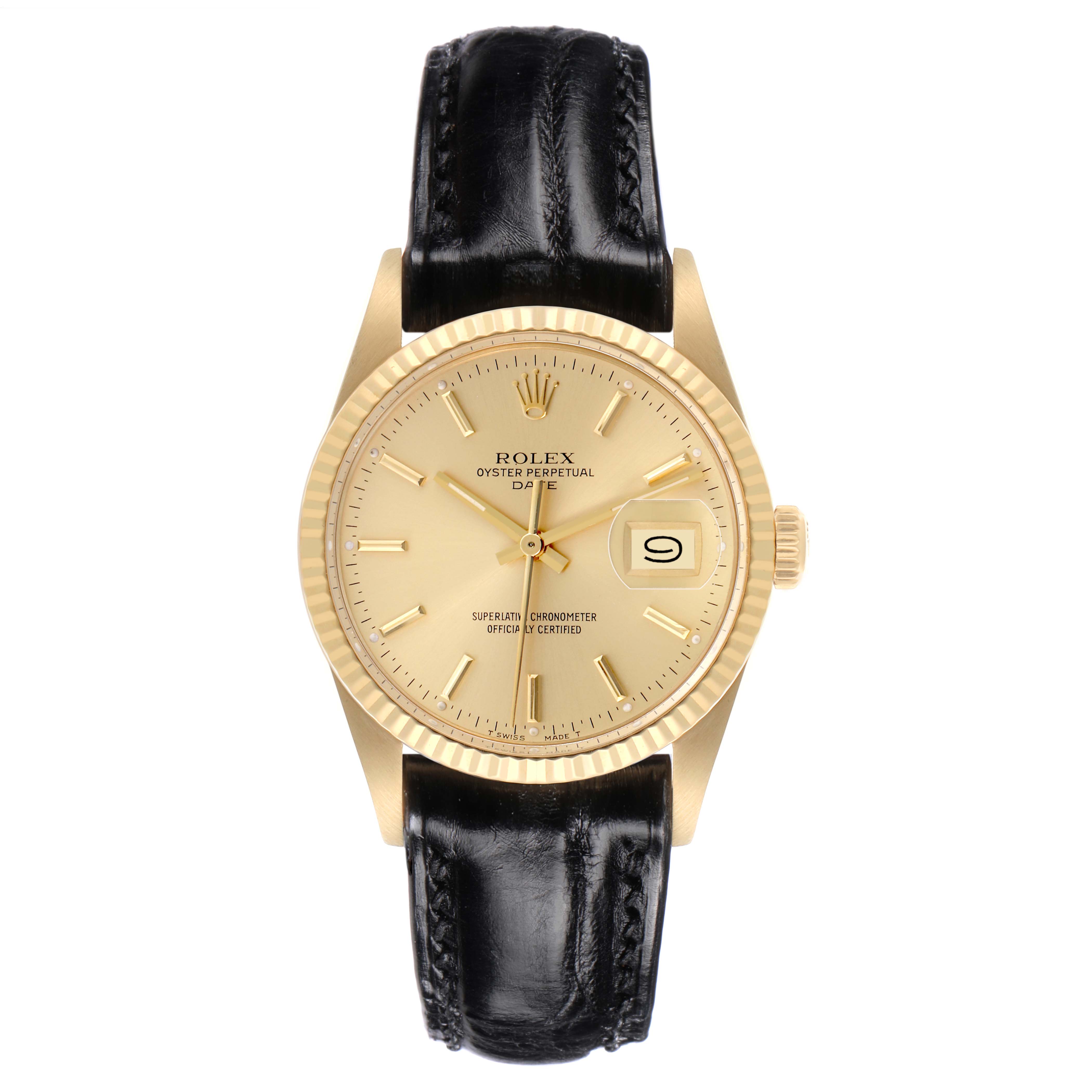 The Rolex Date 15037 Men's Yellow Gold Champagne Dial 15037 Men's Yellow Gold Champagne Dial watch is shown from the front, highlighting the dial, hands, date window, and leather strap.