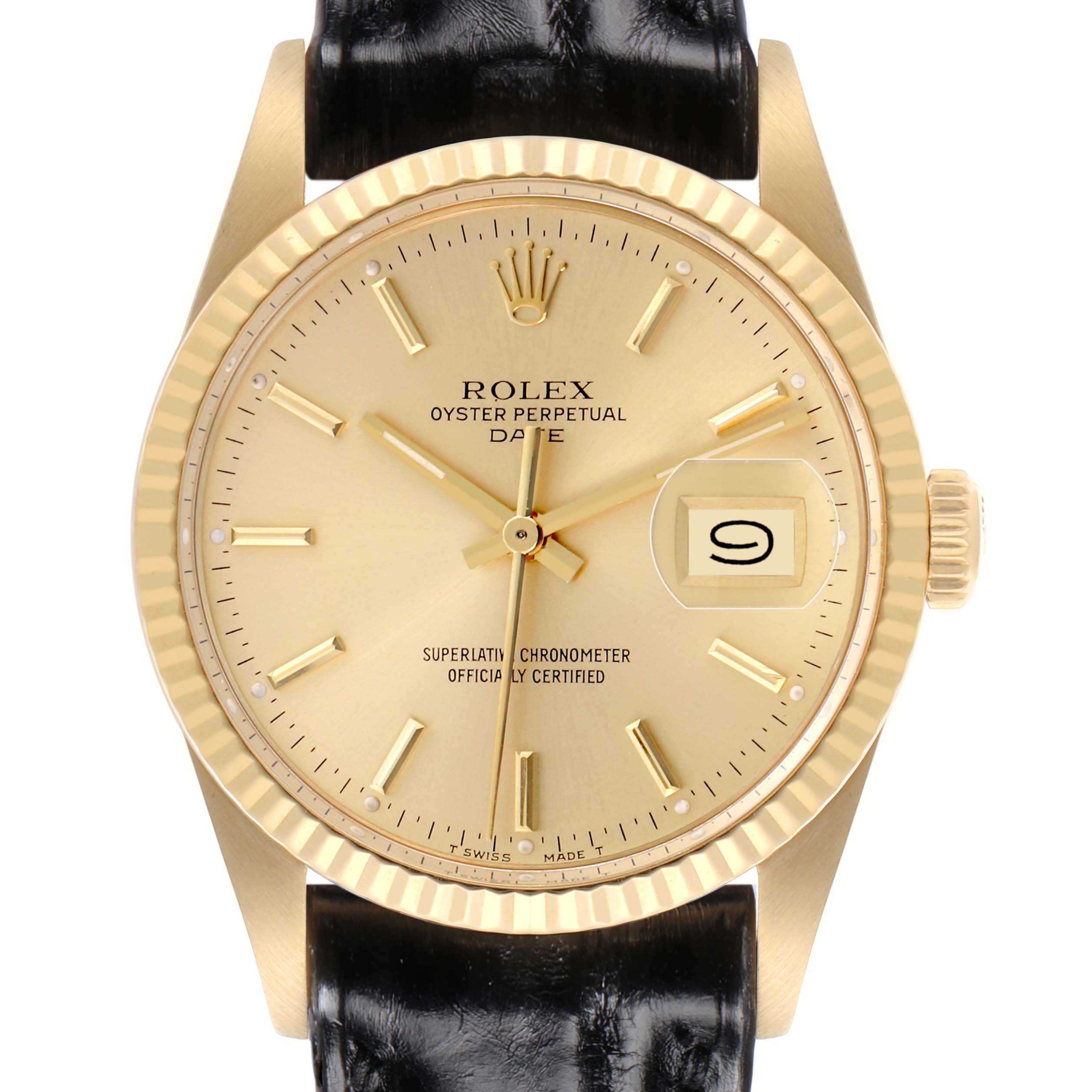 The Rolex Date 15037 Men's Yellow Gold Champagne Dial 15037 Men's Yellow Gold Champagne Dial watch is shown from the front, highlighting the dial, hands, bezel, and date feature.