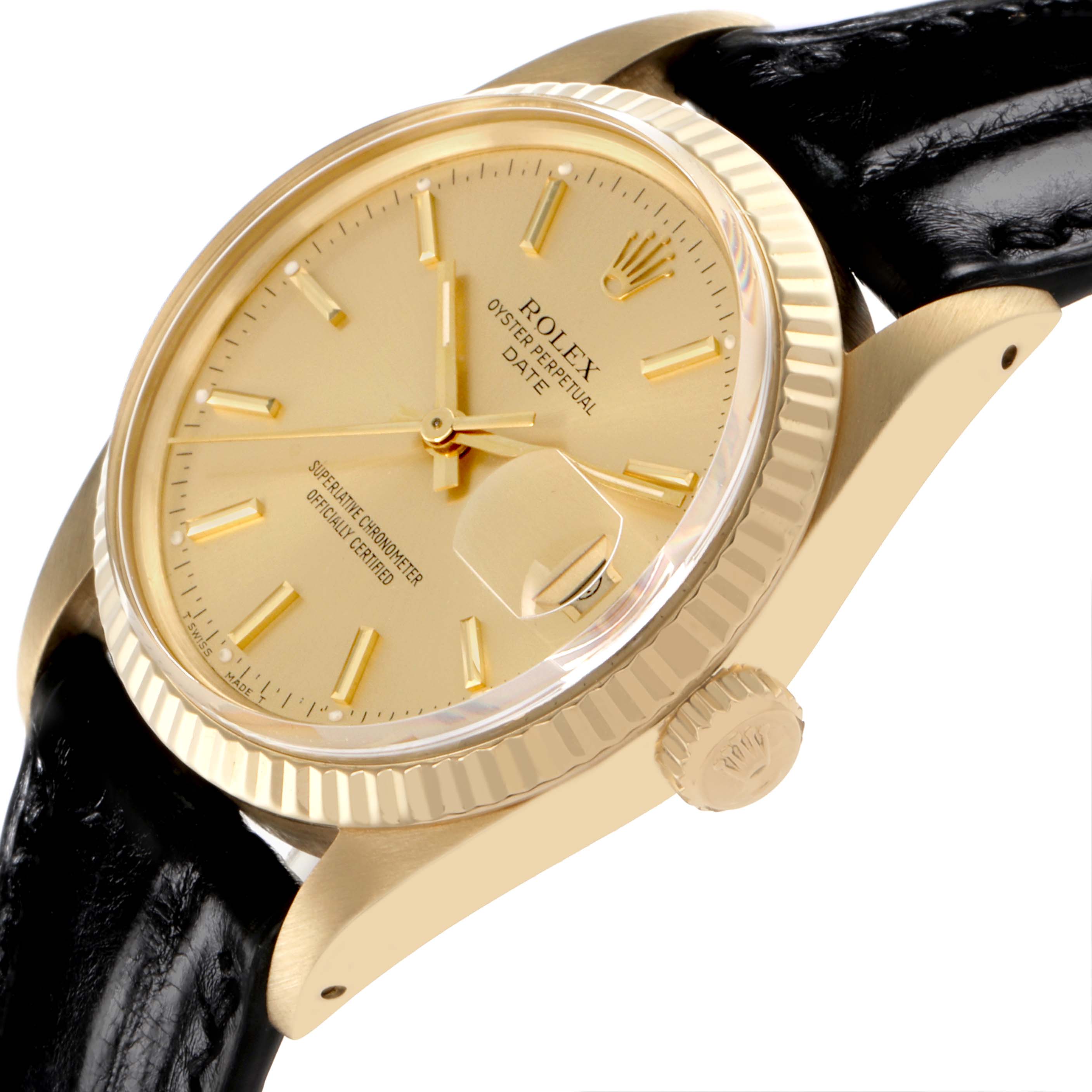 The Rolex Date 15037 Men's Yellow Gold Champagne Dial 15037 Men's Yellow Gold Champagne Dial watch is shown at a tilted angle, highlighting the gold dial, fluted bezel, crown, and leather strap.
