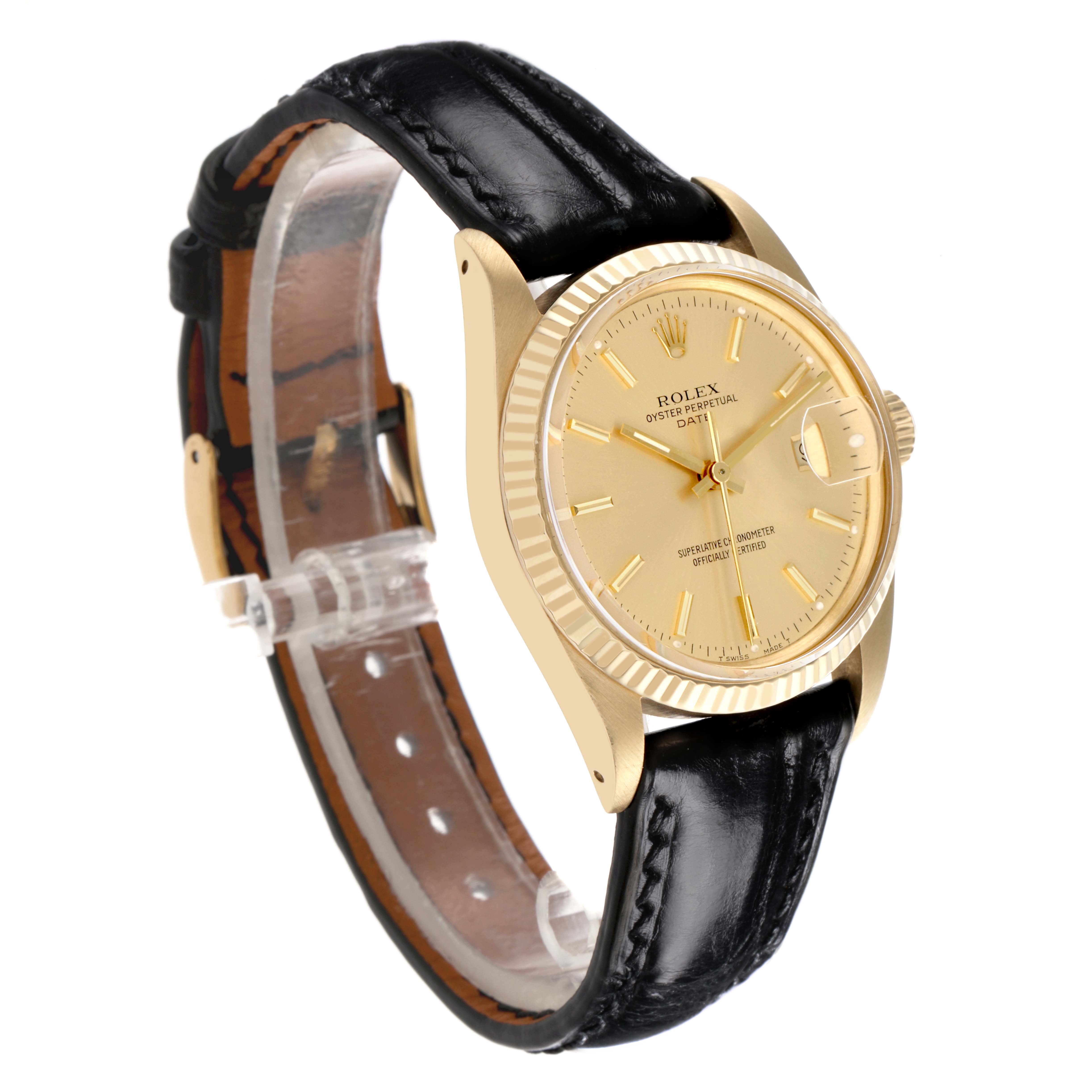 The Rolex Date 15037 Men's Yellow Gold Champagne Dial 15037 Men's Yellow Gold Champagne Dial watch is shown at a three-quarter angle, highlighting the face, bezel, crown, and black leather strap.