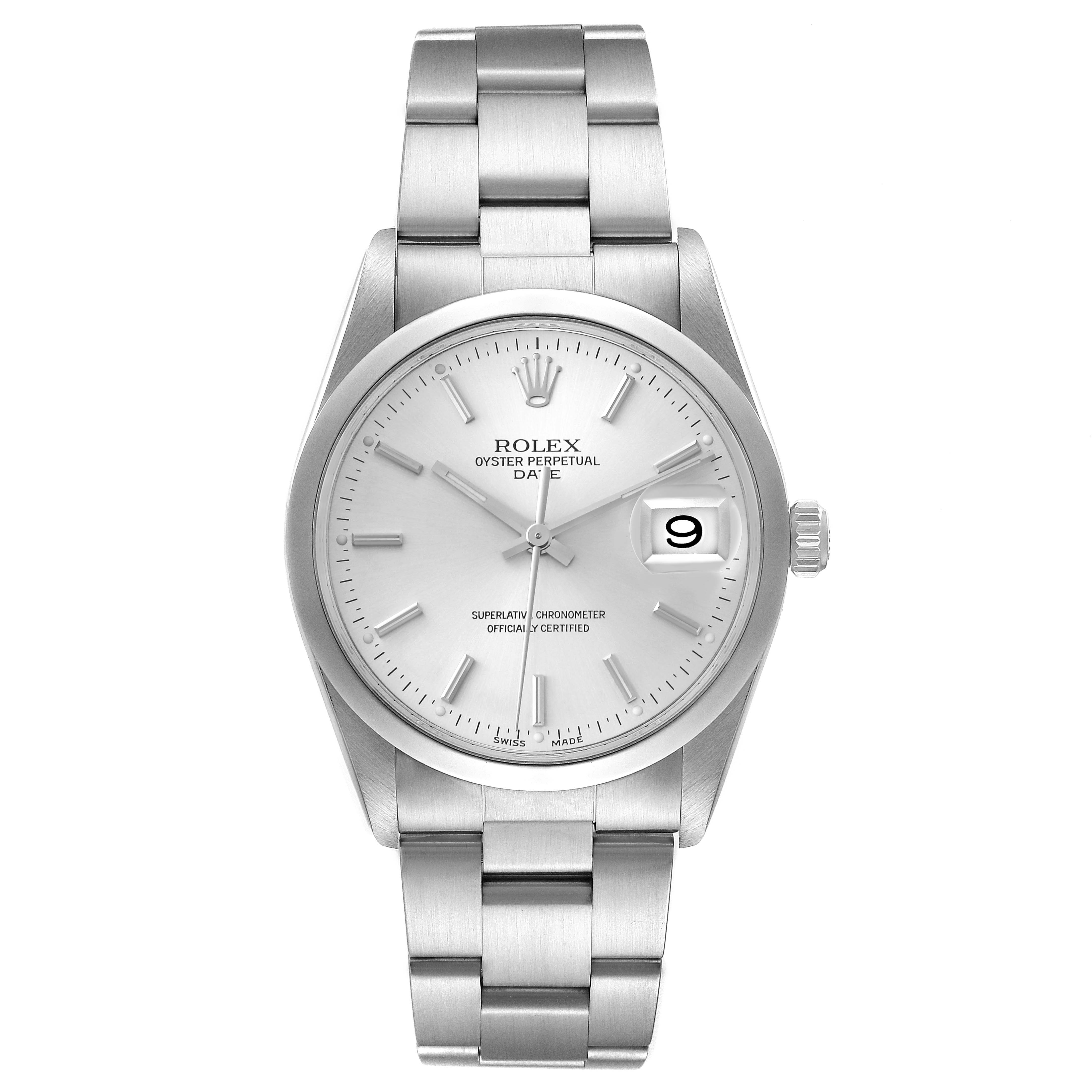 This image shows a front view of the Rolex Oyster Perpetual Date watch, highlighting the dial, bracelet, and date window.
