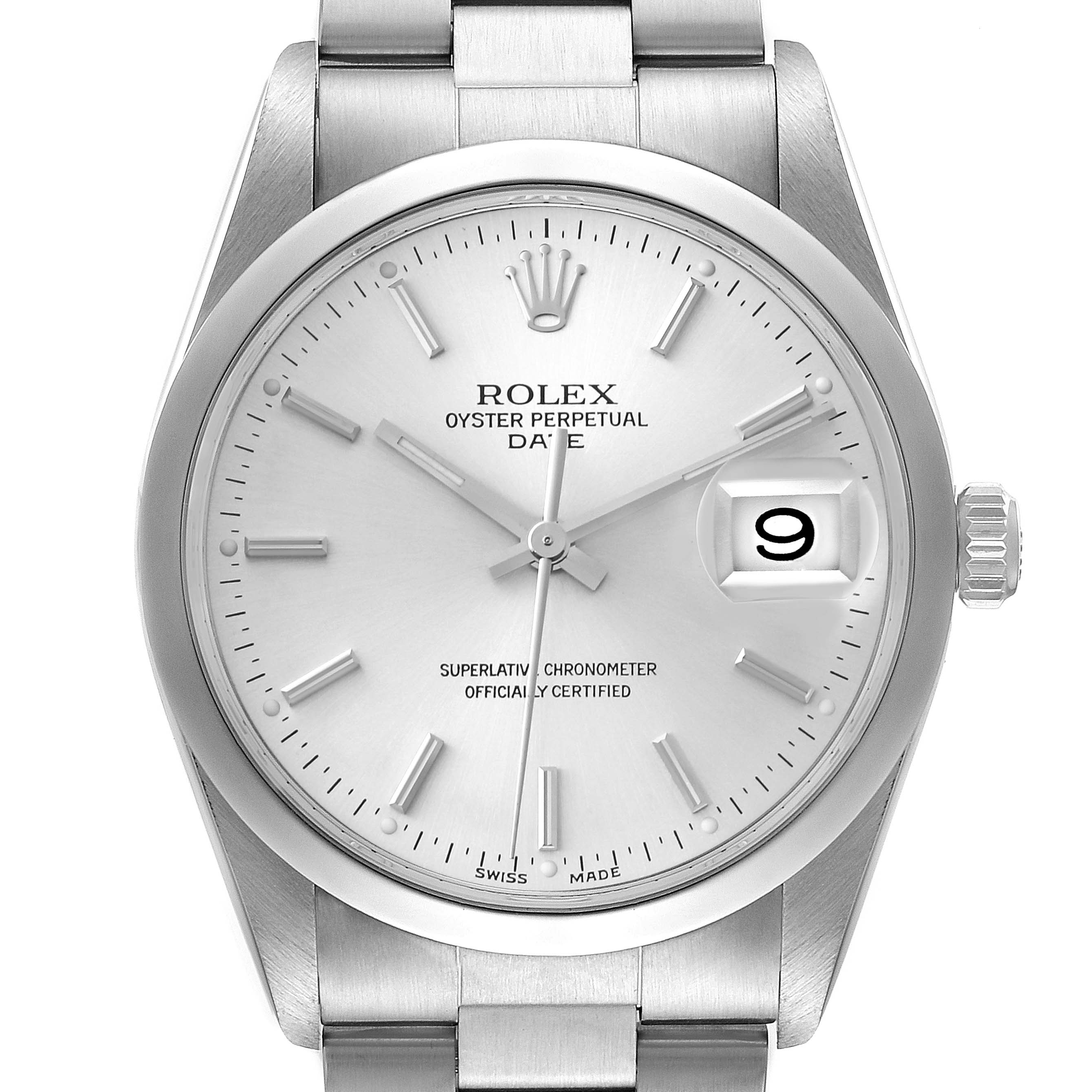 This image shows a front view of the Rolex Date 15200 Men's Stainless Steel Silver Dial 15200 Men's Stainless Steel Silver Dial model watch, displaying the dial, hands, date window, and part of the bracelet.