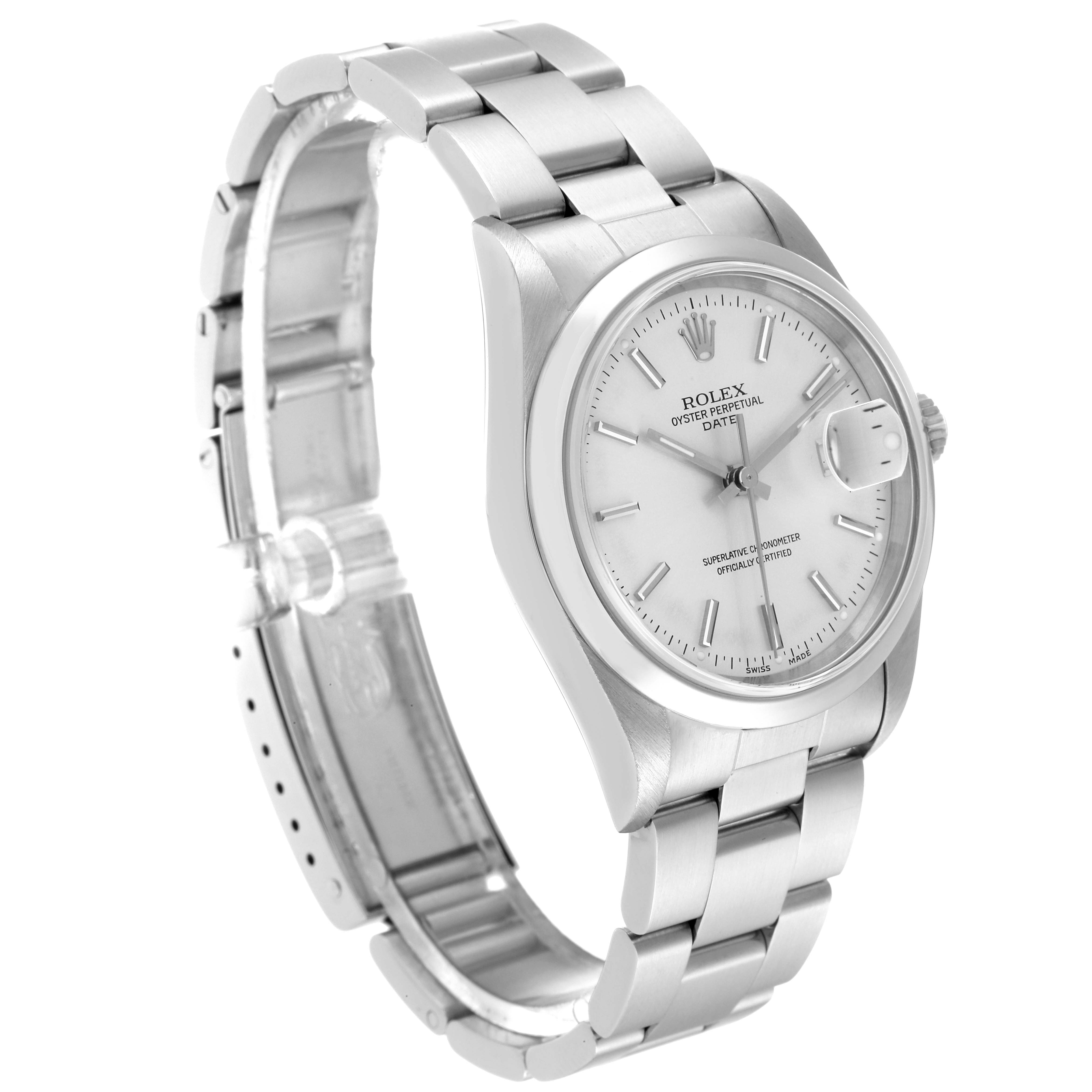 The image shows a quarter-angled view of a Rolex Date 15200 Men's Stainless Steel Silver Dial 15200 Men's Stainless Steel Silver Dial model watch, highlighting its face, bracelet, and clasp.