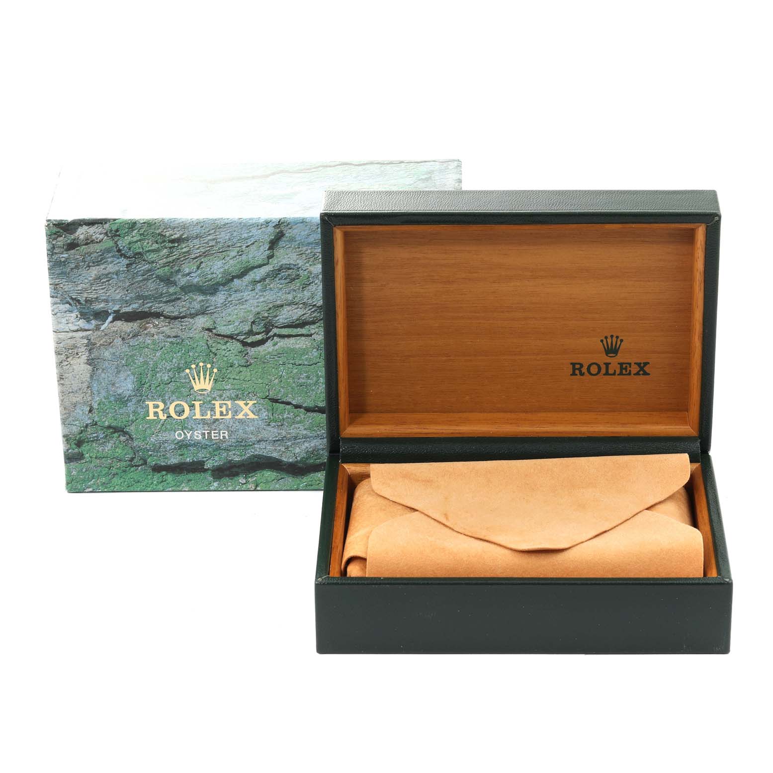 This image shows the open box and packaging of a Rolex Date 15200 Men's Stainless Steel Silver Dial 15200 Men's Stainless Steel Silver Dial model watch, including the outer box and inner watch case.