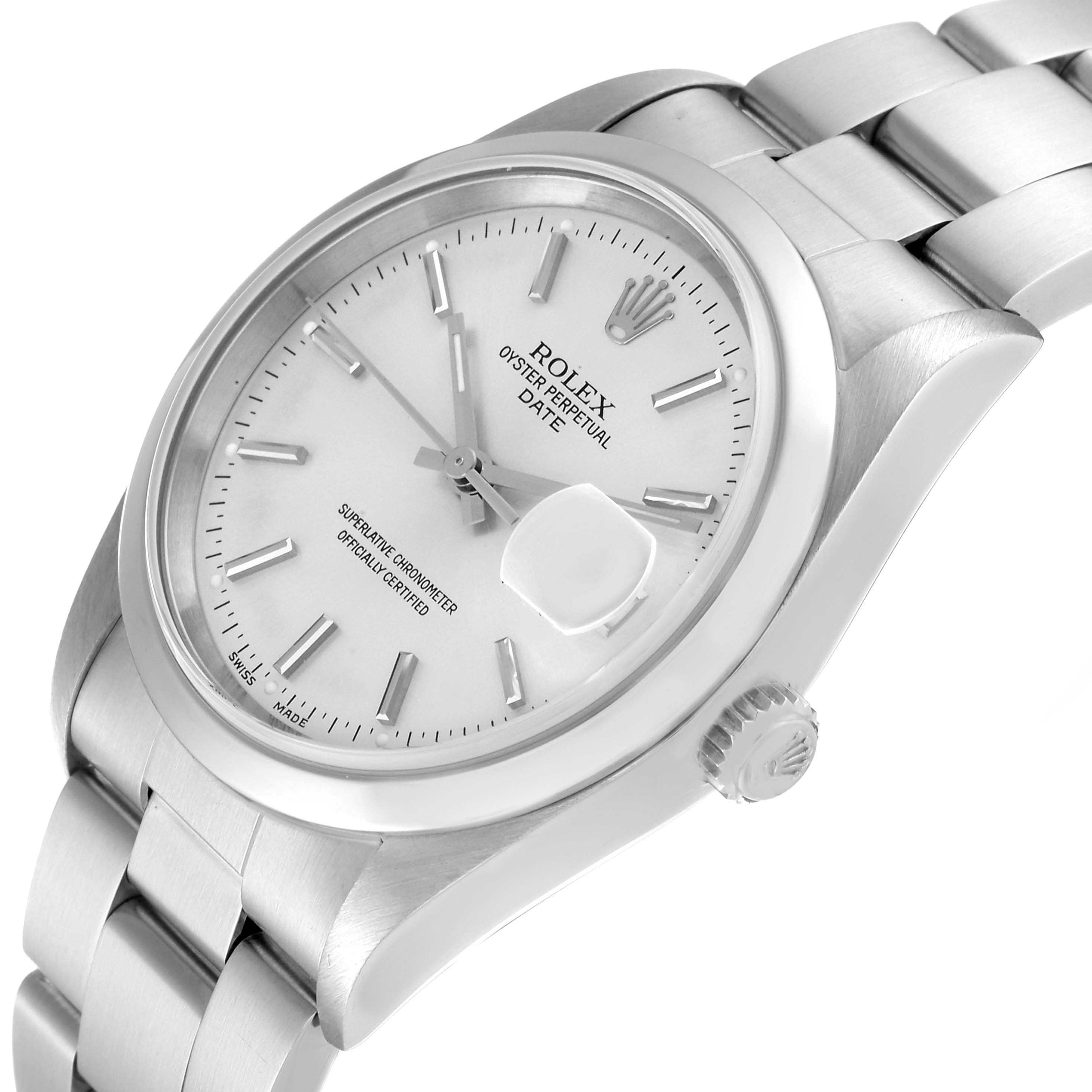 The image shows a Rolex Date 15200 Men's Stainless Steel Silver Dial 15200 Men's Stainless Steel Silver Dial watch at an angled close-up, highlighting the face, bezel, crown, and part of the bracelet.