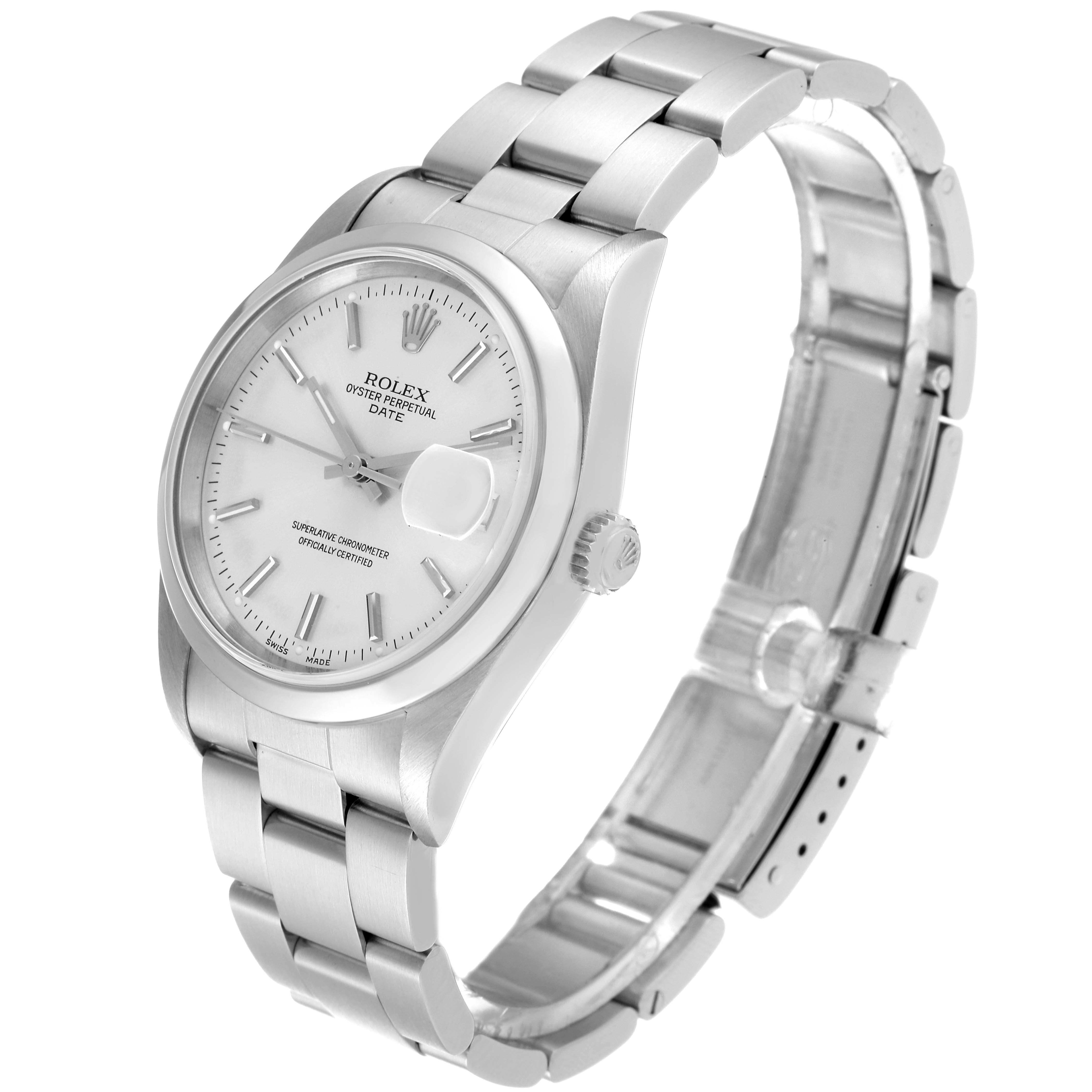 The image shows a Rolex Date 15200 Men's Stainless Steel Silver Dial 15200 Men's Stainless Steel Silver Dial model watch from an angled perspective, highlighting its face, bezel, crown, and bracelet.