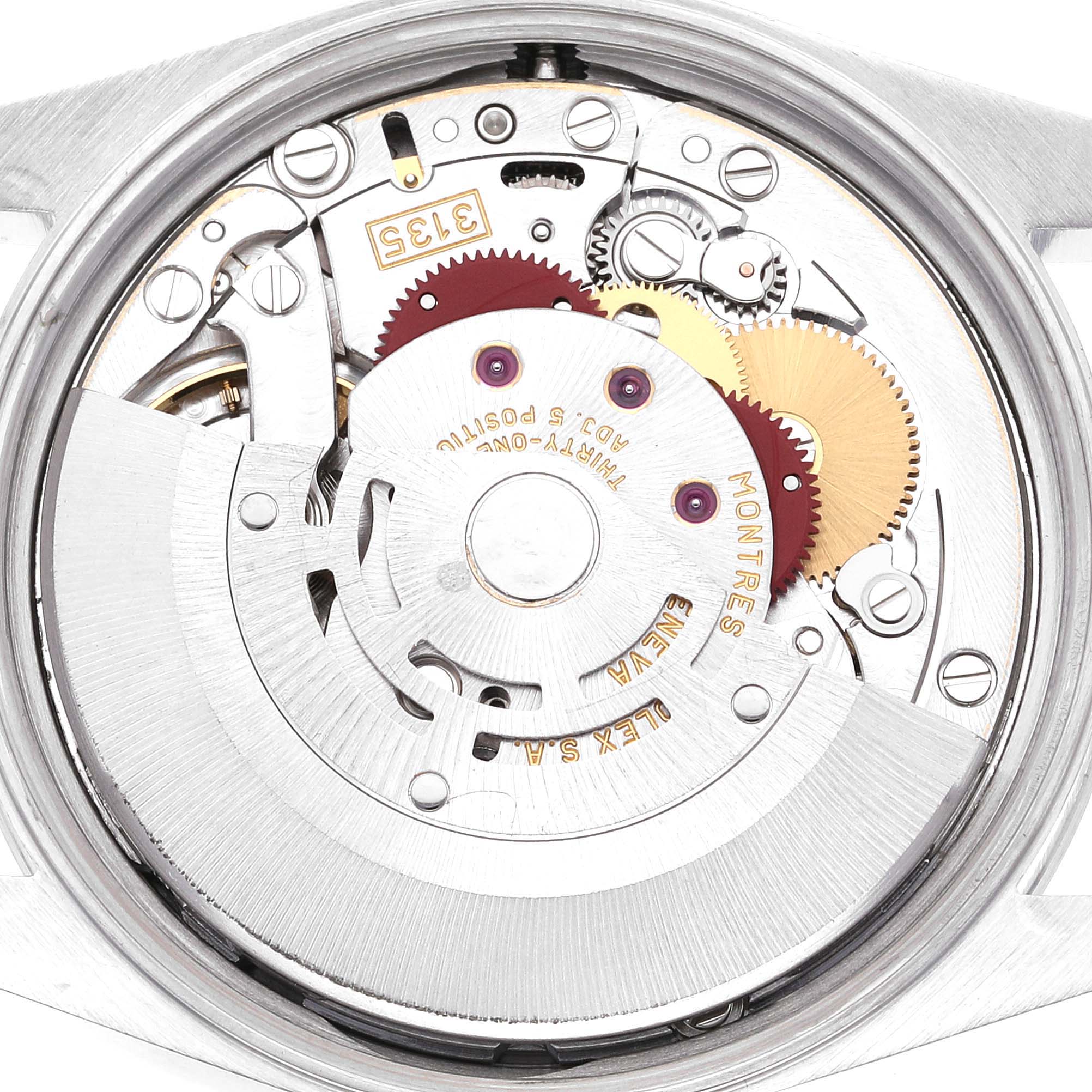 This image shows the internal mechanism of a Rolex Date 15200 Men's Stainless Steel Silver Dial 15200 Men's Stainless Steel Silver Dial model watch, focusing on the intricate gears and components.