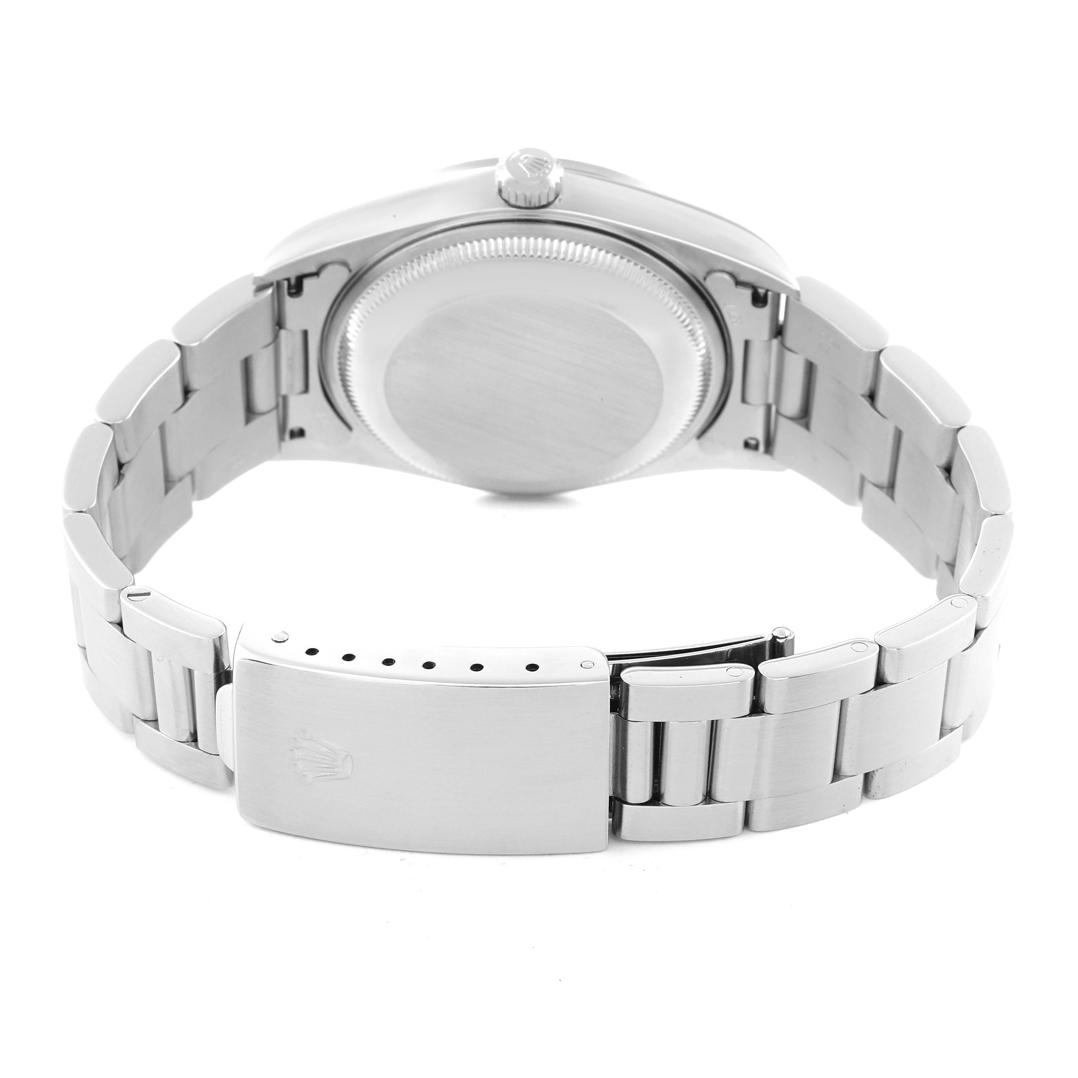 The image shows the case back, bracelet, and clasp of a Rolex Date 15200 Men's Stainless Steel Silver Dial 15200 Men's Stainless Steel Silver Dial model watch from the rear angle.