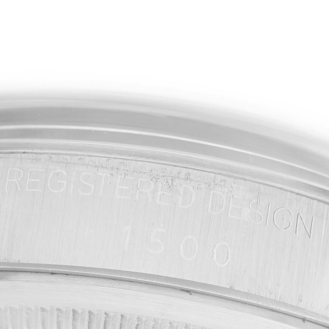 The image shows a close-up of the case back edge of a Rolex Date 68587 Men's Stainless Steel Silver Dial 68587 Men's Stainless Steel Silver Dial model, highlighting the engraved "Registered Design 1500."