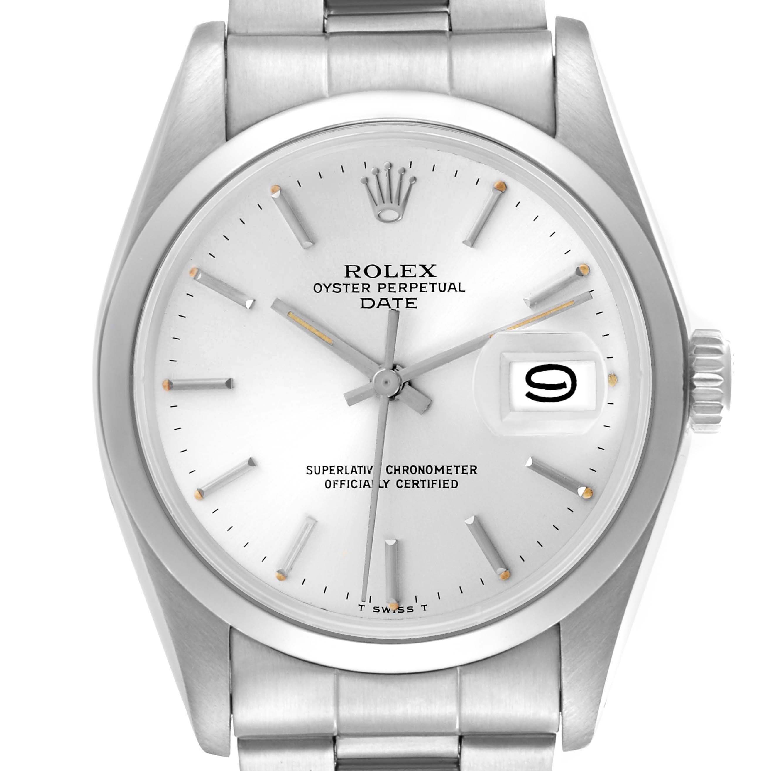 The Rolex Date 68587 Men's Stainless Steel Silver Dial 68587 Men's Stainless Steel Silver Dial model is shown from a front angle, highlighting the dial, hands, date window, bezel, and part of the bracelet.