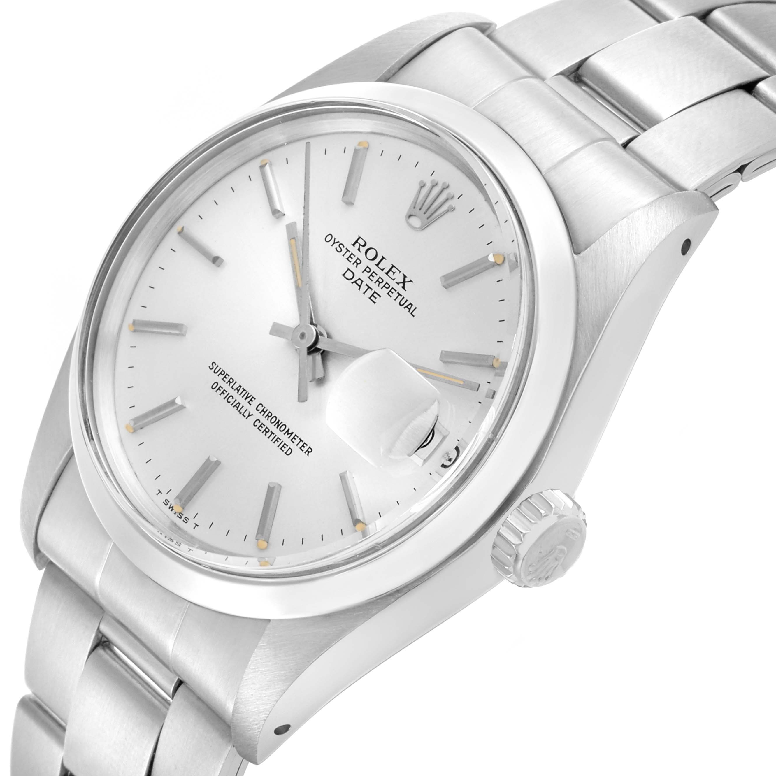The Rolex Date 68587 Men's Stainless Steel Silver Dial 68587 Men's Stainless Steel Silver Dial watch is shown at an angle highlighting the face, crown, and bracelet.