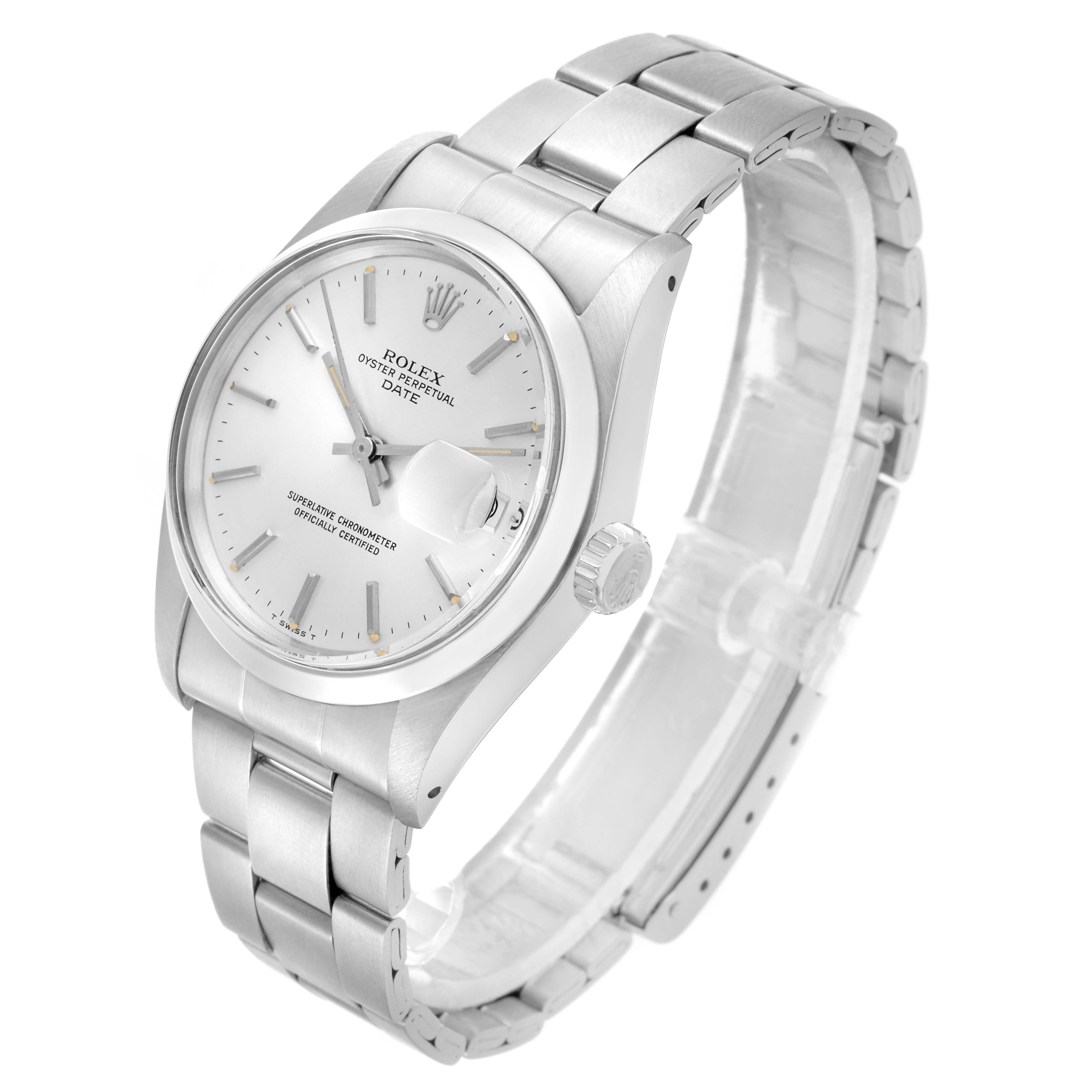 The Rolex Date 68587 Men's Stainless Steel Silver Dial 68587 Men's Stainless Steel Silver Dial watch is shown at a three-quarter angle, displaying the dial, bezel, bracelet, and crown.