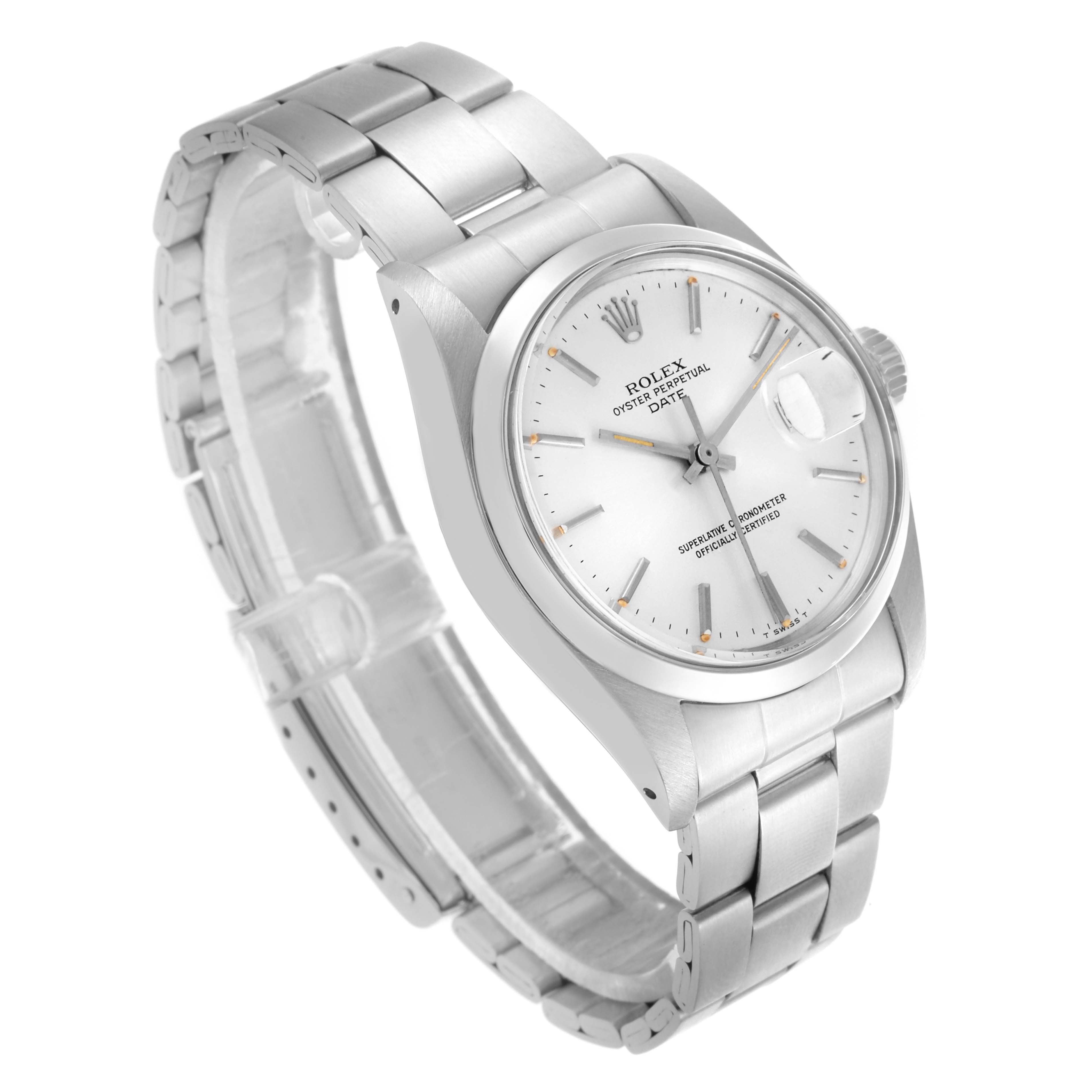 The Rolex Date 68587 Men's Stainless Steel Silver Dial 68587 Men's Stainless Steel Silver Dial model watch is shown at a three-quarter angle, highlighting the dial, bracelet, and crown.
