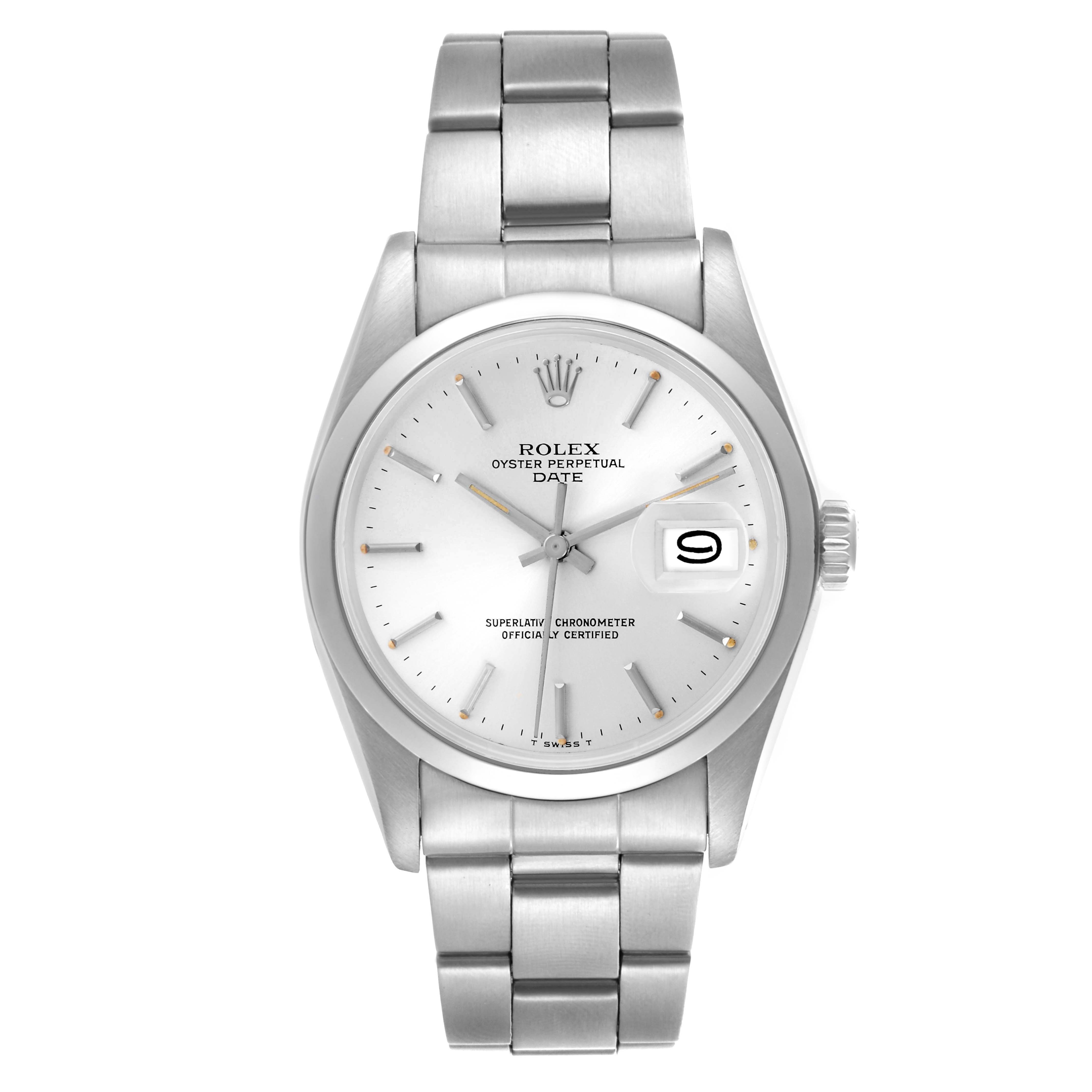 The image shows a Rolex Date 68587 Men's Stainless Steel Silver Dial 68587 Men's Stainless Steel Silver Dial model watch from the front, displaying the dial, hands, date window, and bracelet.