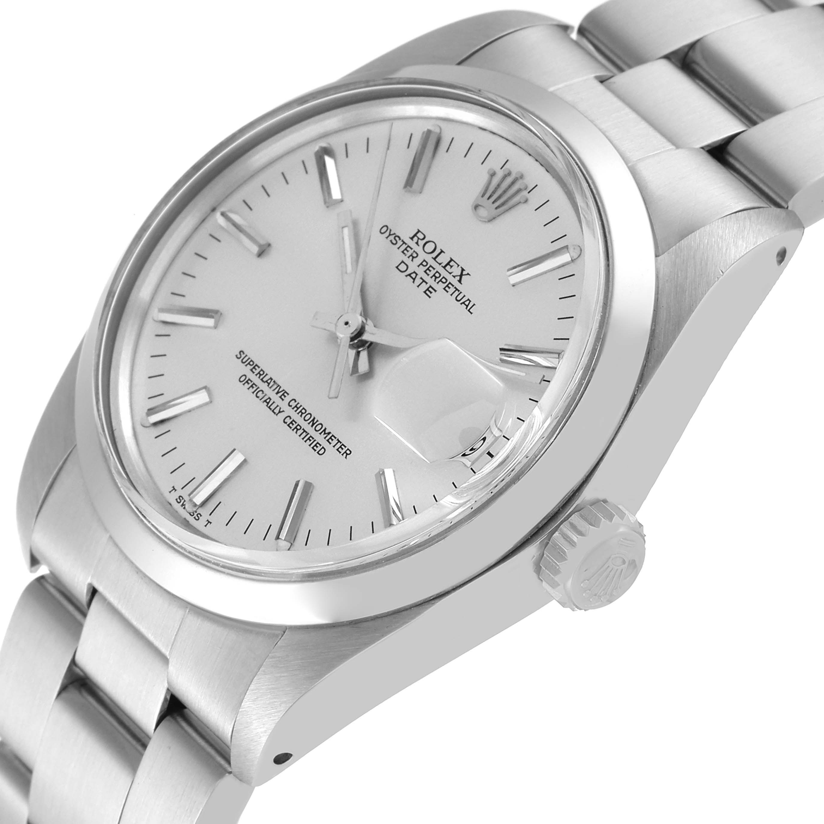 The image shows a Rolex Vintage Collection 1500 Men
s Stainless Steel Silver Dial 1500 Men
s Stainless Steel Silver Dial Oyster Perpetual Date watch from an angled side view, highlighting the dial, bracelet, and crown.