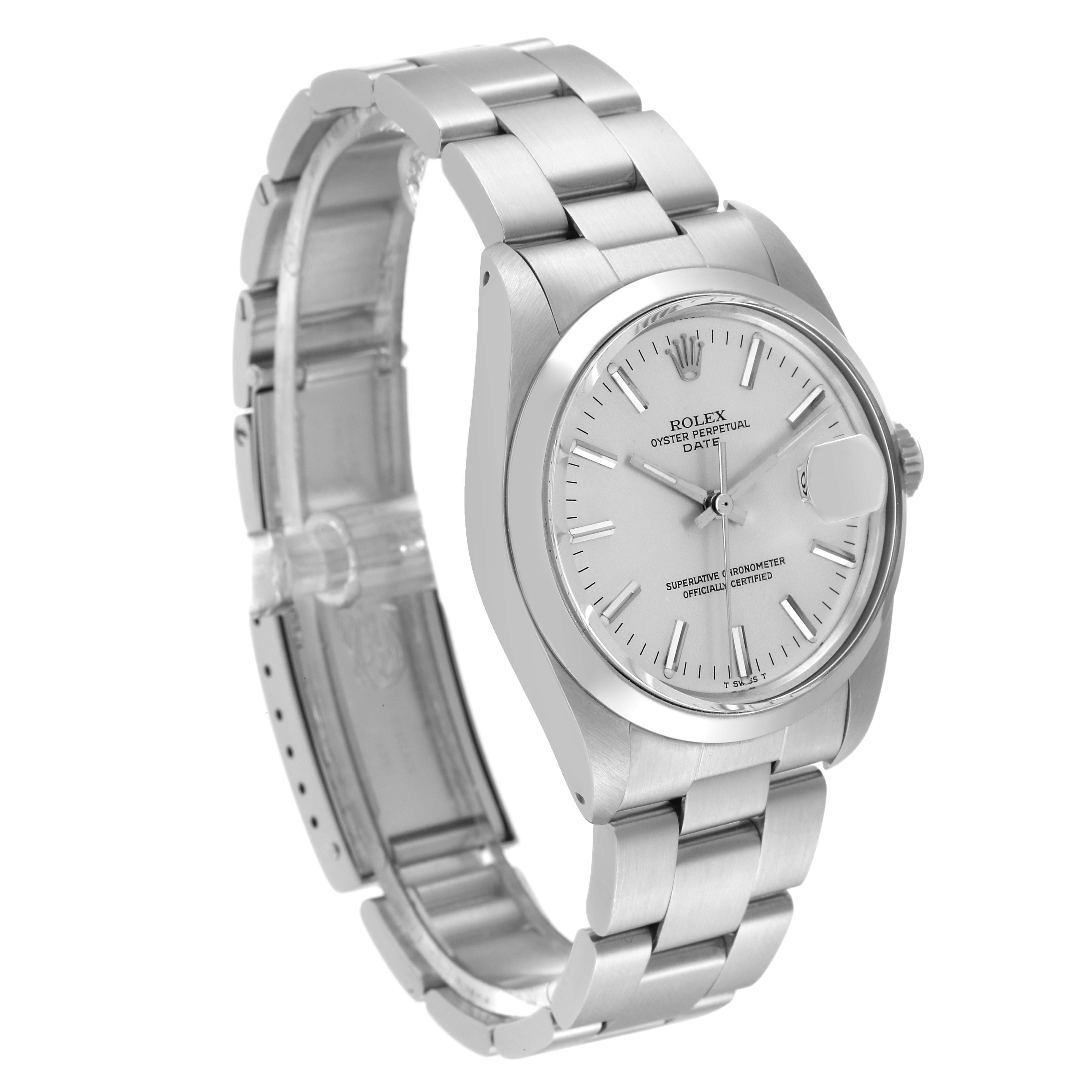 The image shows a Rolex Vintage Collection 1500 Men
s Stainless Steel Silver Dial 1500 Men
s Stainless Steel Silver Dial watch, featuring the face, bezel, and stainless steel bracelet at an angle.