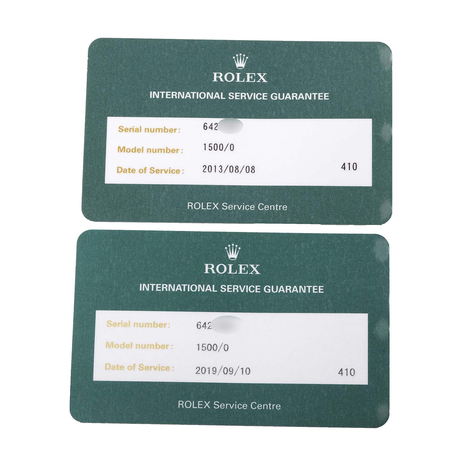 The image shows two Rolex International Service Guarantee cards for the Vintage Collection model 1500/0.