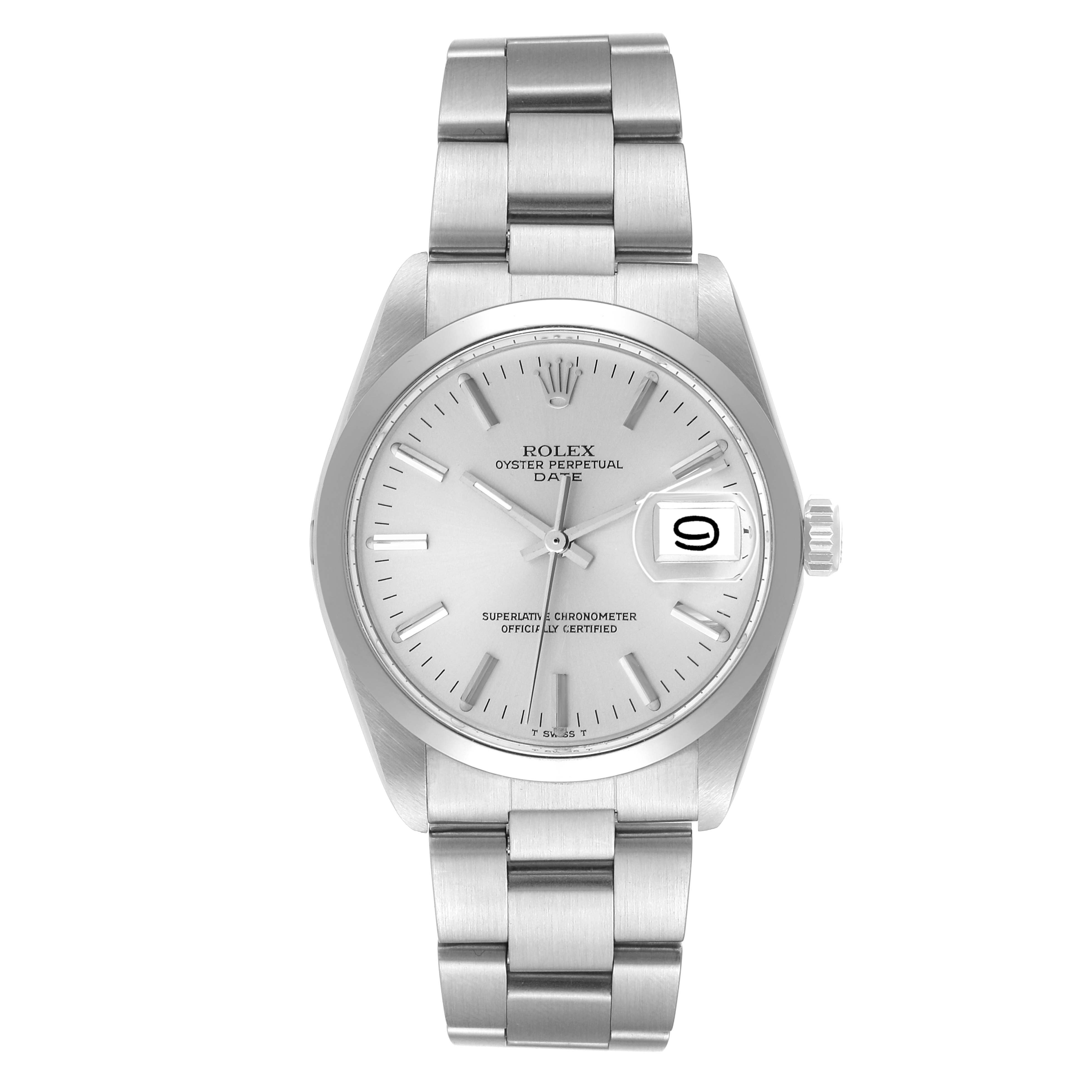 The image shows a front view of the Rolex Vintage Collection 1500 Men
s Stainless Steel Silver Dial 1500 Men
s Stainless Steel Silver Dial model, displaying its face, hands, date, and bracelet.