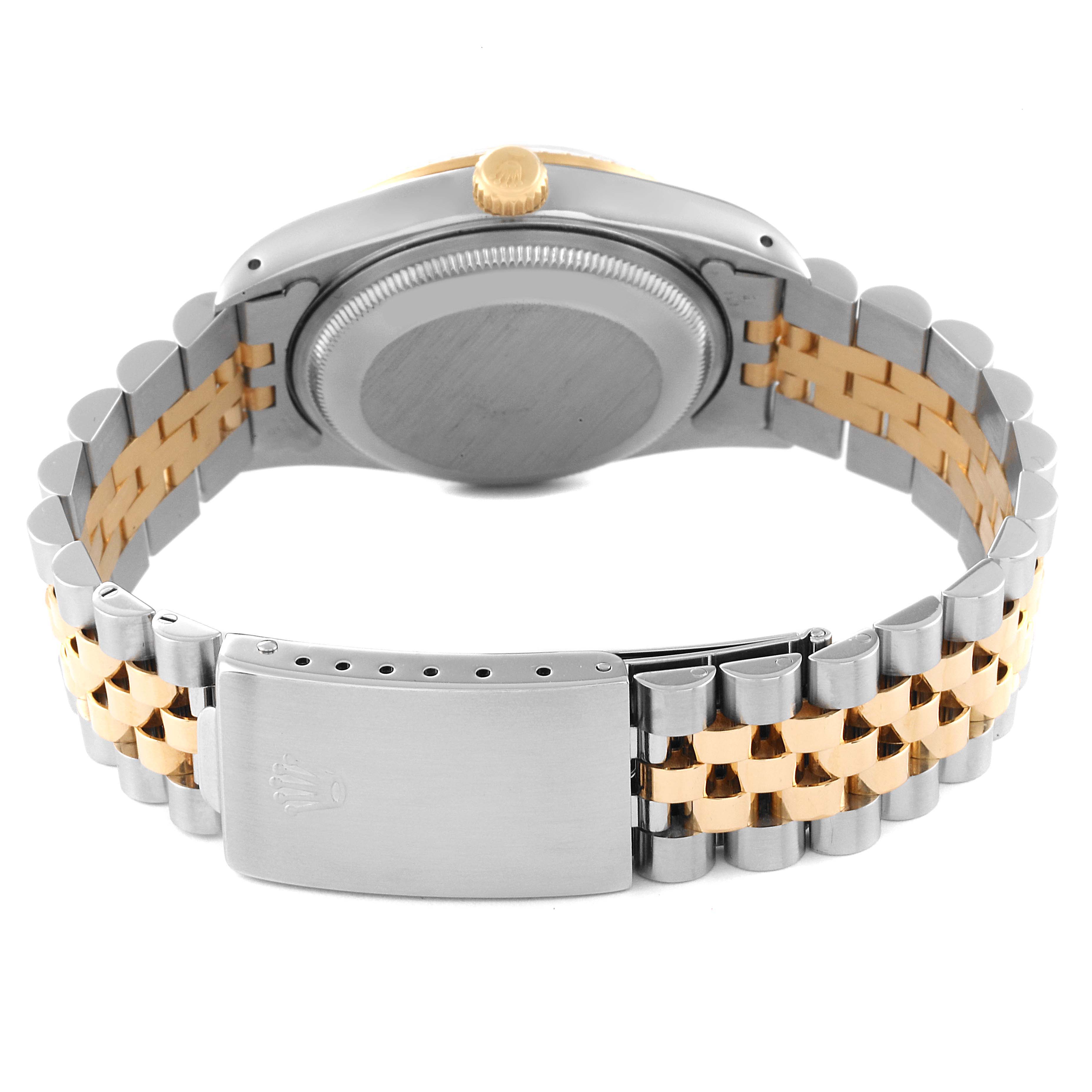 This image shows the back view of a Rolex Date 15223 Men's Steel and Gold (two tone) Champagne Dial 15223 Men's Steel and Gold (two tone) Champagne Dial model, highlighting its case, crown, and two-tone bracelet with clasp.