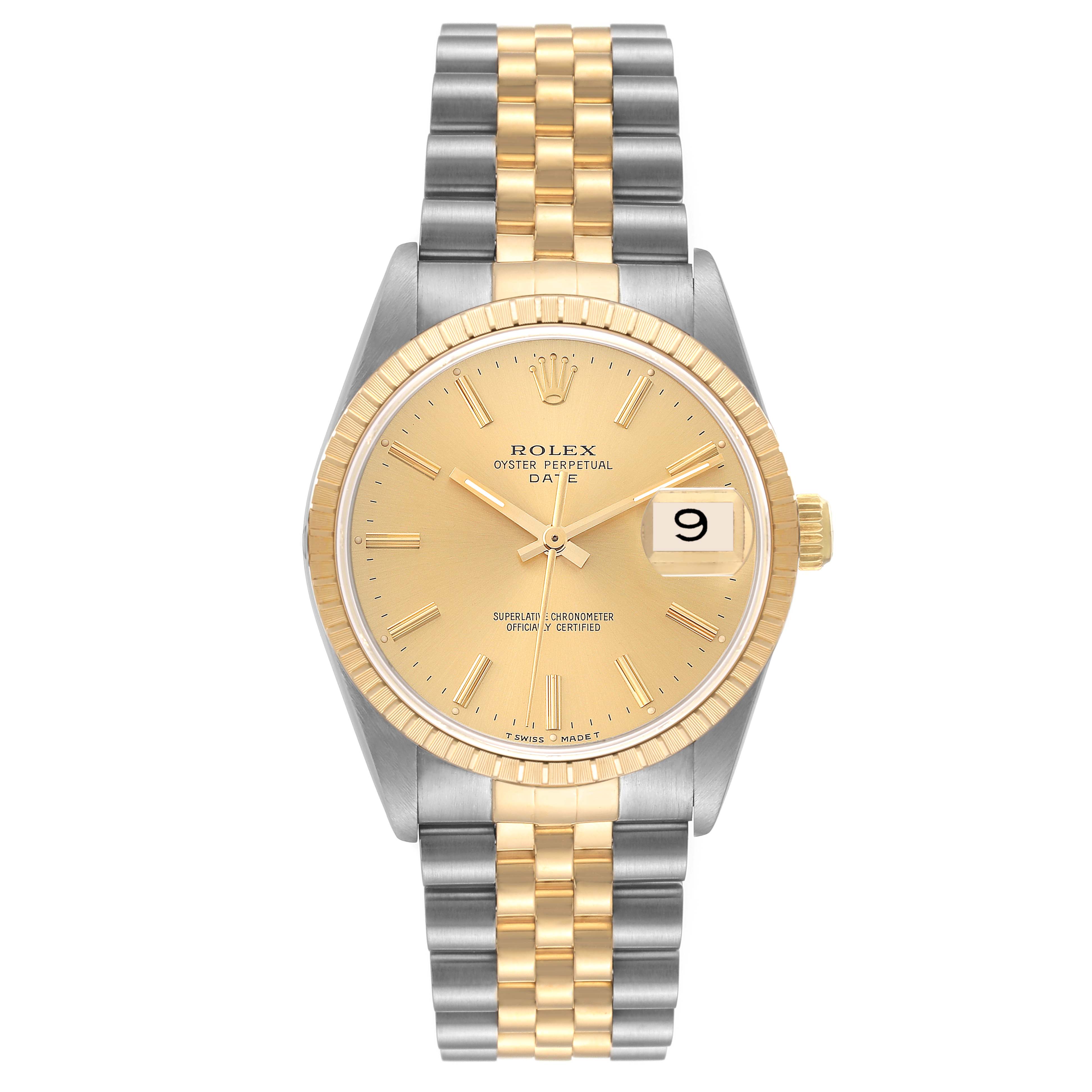 This image shows a front view of the Rolex Date 15223 Men's Steel and Gold (two tone) Champagne Dial 15223 Men's Steel and Gold (two tone) Champagne Dial model, showcasing the dial, hands, bracelet, and date window.