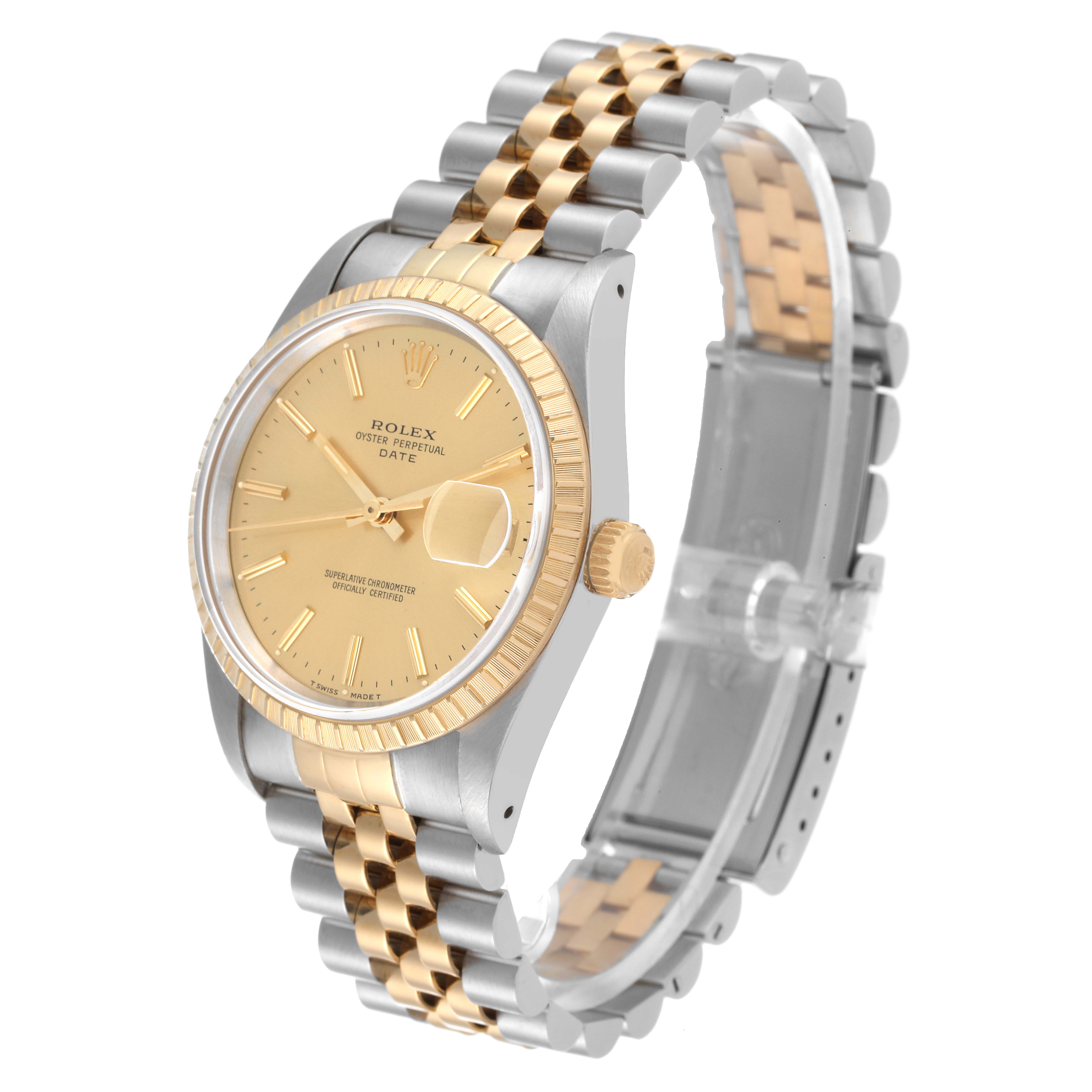 The Rolex Date 15223 Men's Steel and Gold (two tone) Champagne Dial 15223 Men's Steel and Gold (two tone) Champagne Dial model is shown at a three-quarter angle, displaying the dial, bezel, crown, and two-tone bracelet.