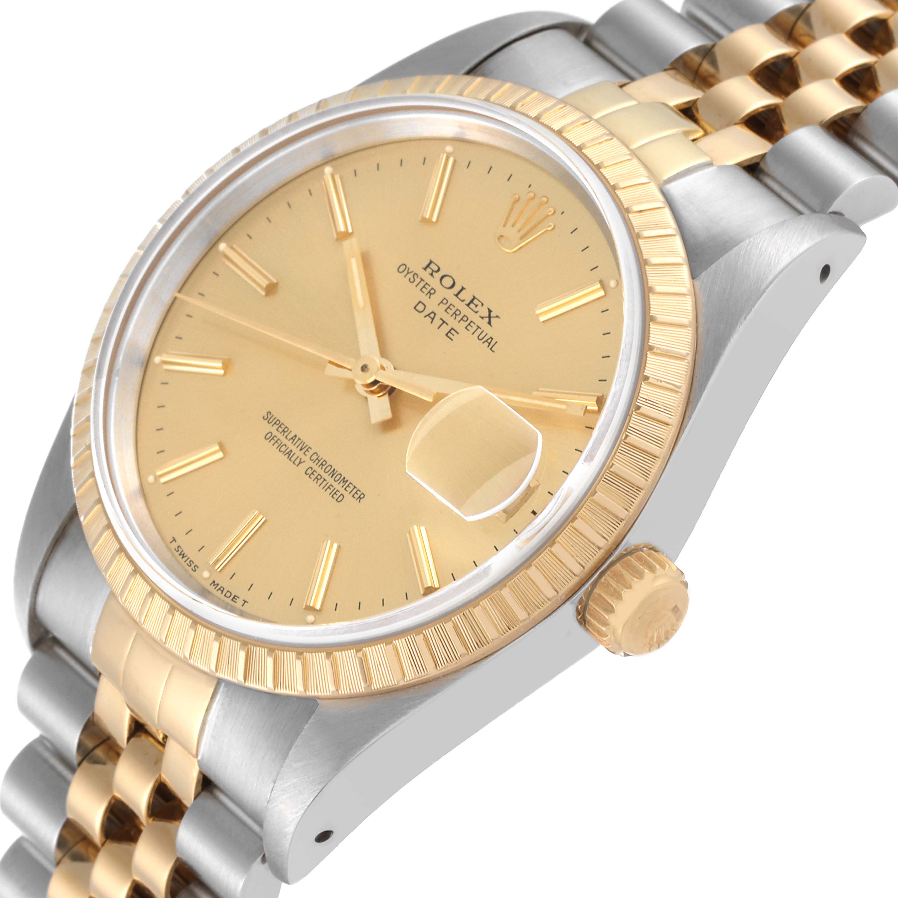 This image shows a close-up, angled view of a Rolex Oyster Perpetual Date model, highlighting the gold bezel, crown, and two-tone bracelet.