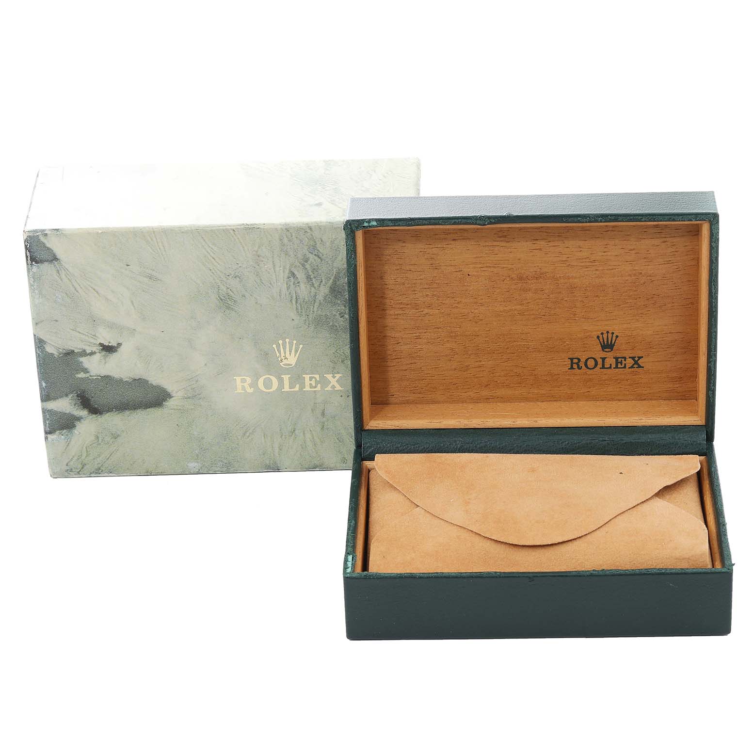 This image shows a Rolex Date 15223 Men's Steel and Gold (two tone) Champagne Dial 15223 Men's Steel and Gold (two tone) Champagne Dial model watch box and its opened wooden inner case with a leather pouch inside.