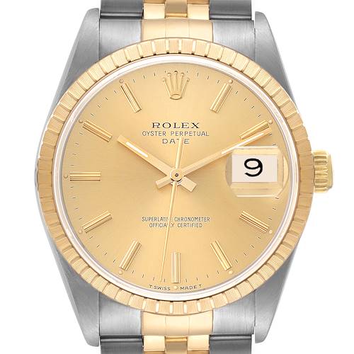 Photo of Rolex Date Steel Yellow Gold Engine Turned Bezel Champagne Dial Mens Watch 15223