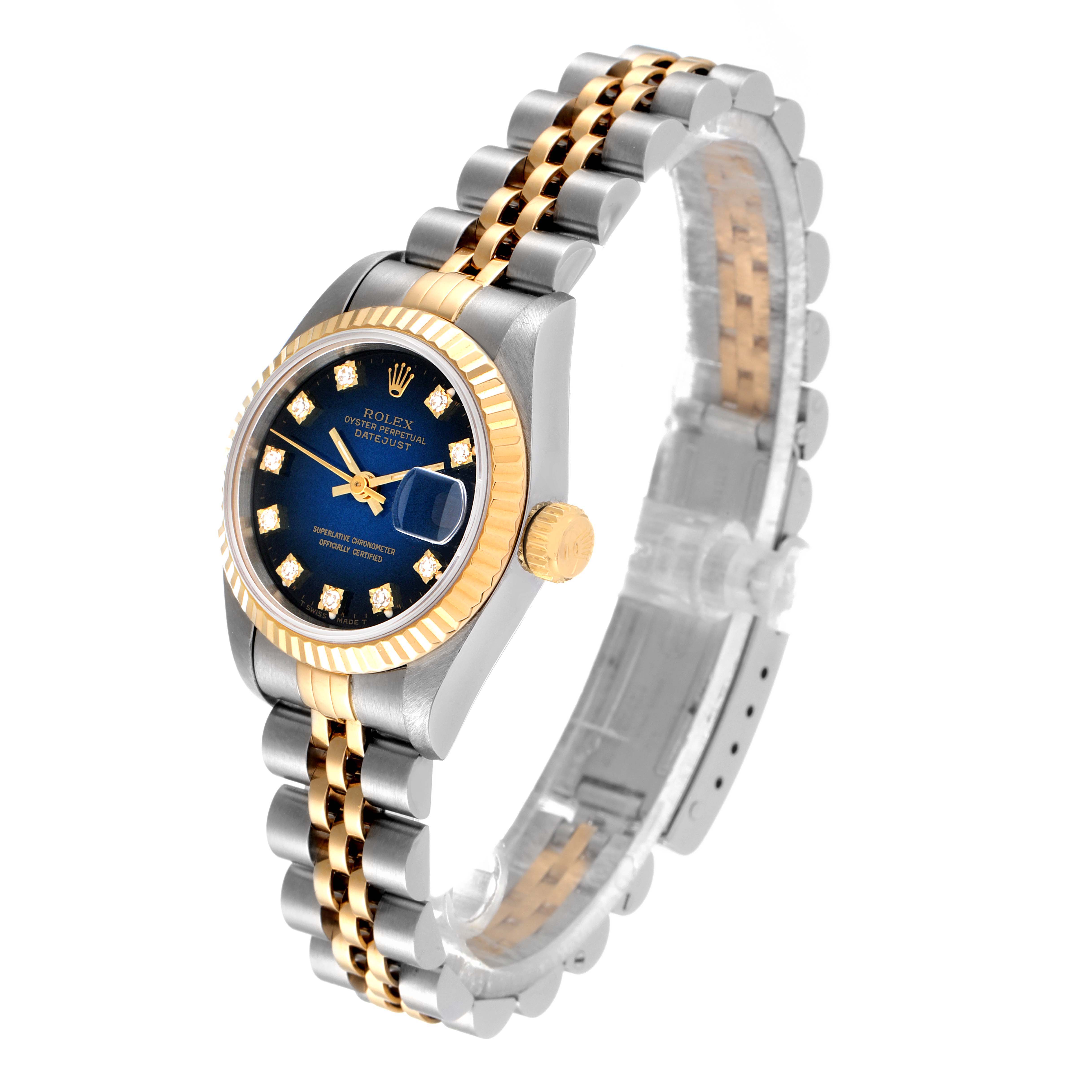 The image shows a Rolex Datejust 69173 Women's Steel and Gold (two tone) Blue Dial 69173 Women's Steel and Gold (two tone) Blue Dial watch at a three-quarter angle, highlighting the face, bezel, crown, and bracelet.